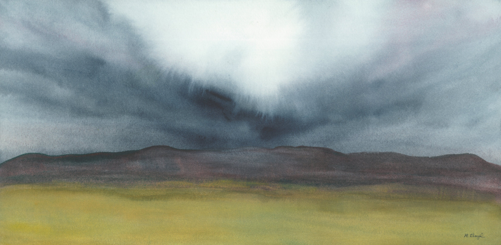 watercolor of a wide flat field and hills with the sun breaking through the clouds in the center