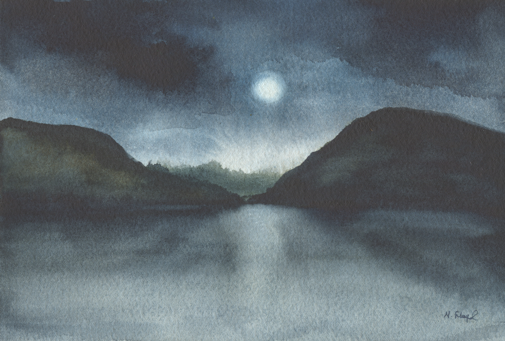 watercolor of still water and an opening in a mountain ridge with the moon shining through the clouds in the center