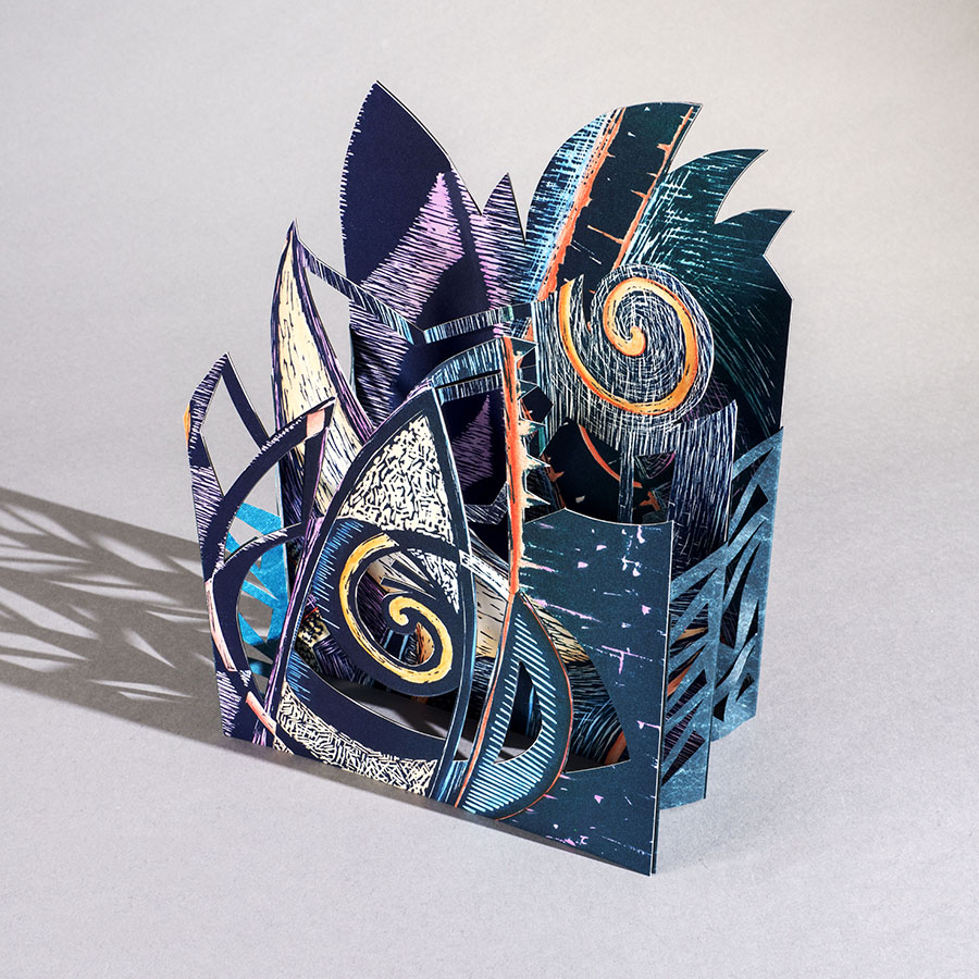 artist tunnel book with gradually larger shaped and cutout pages printed with
        			spirals and designs