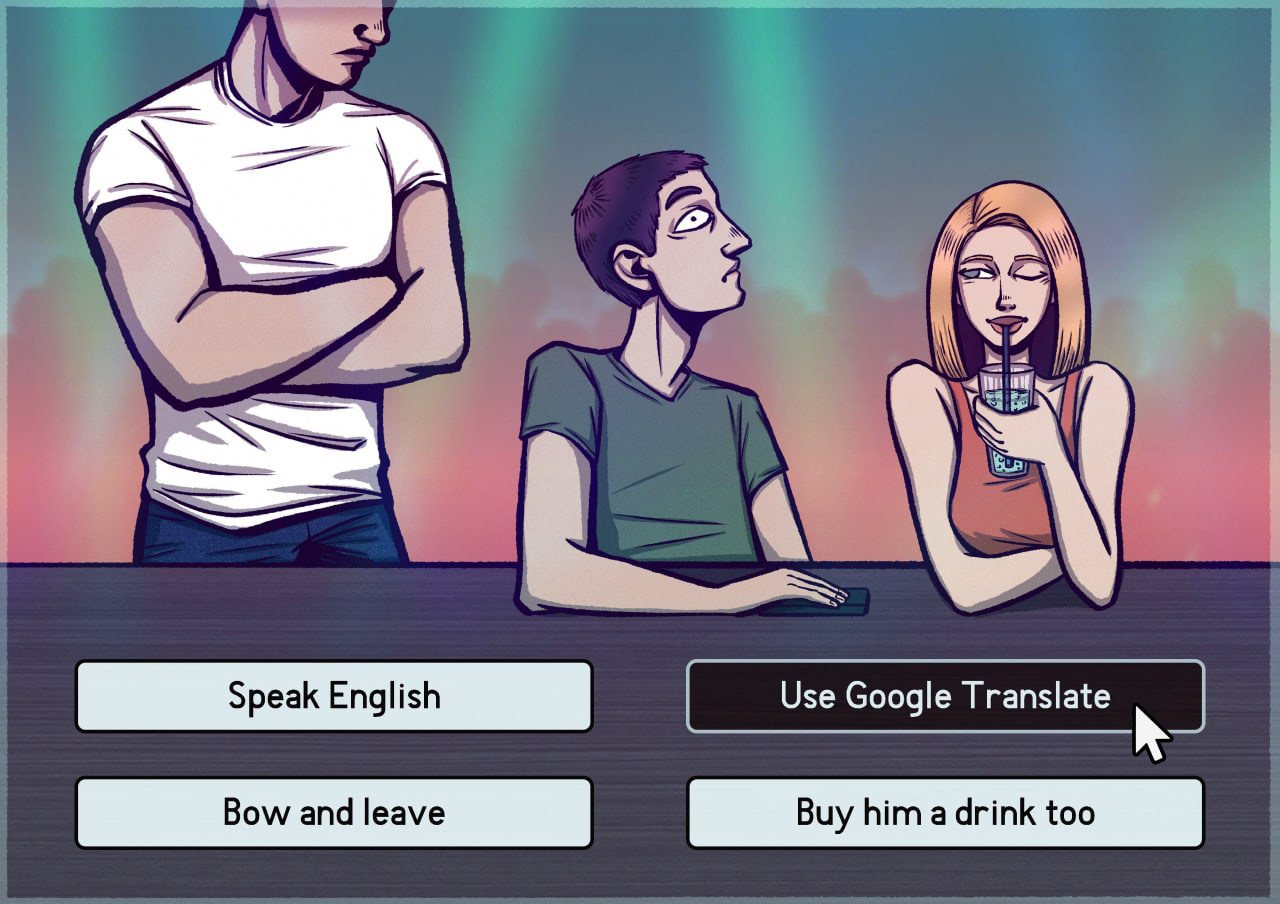 comic of man with arms crossed looking at guy sitting next to woman at bar