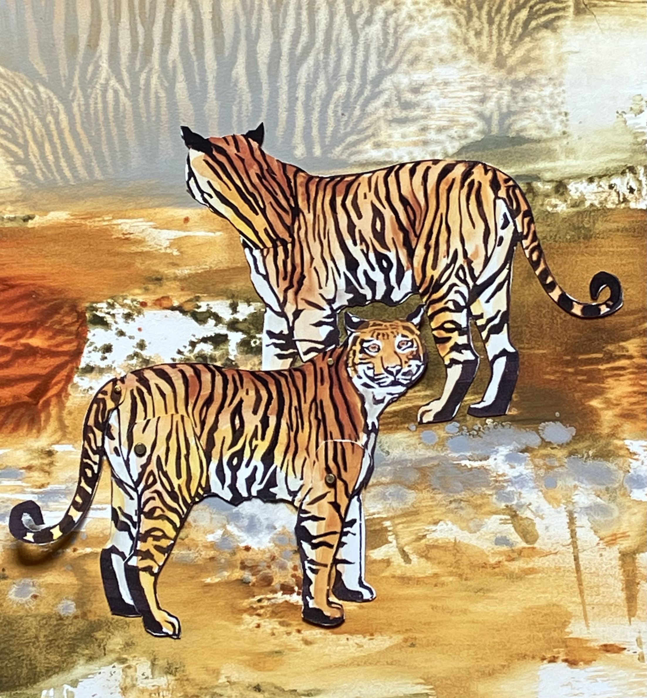 painting of two tigers in a landscape with one facing forward and one facing away