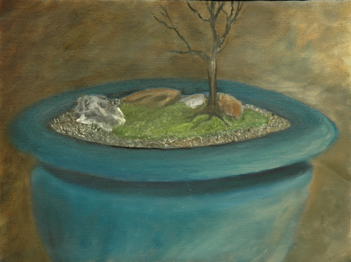 painting of a tiny bonsai tree in a large planter