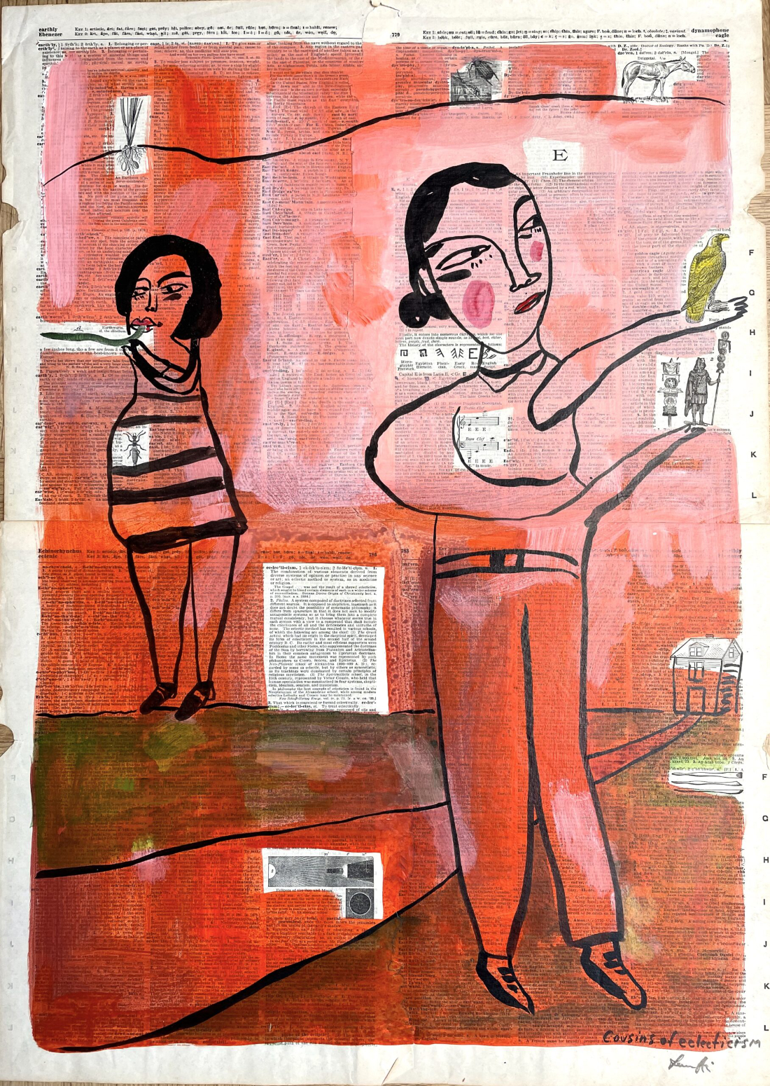 two hand-drawn figures of women on a painted-over dictionary page