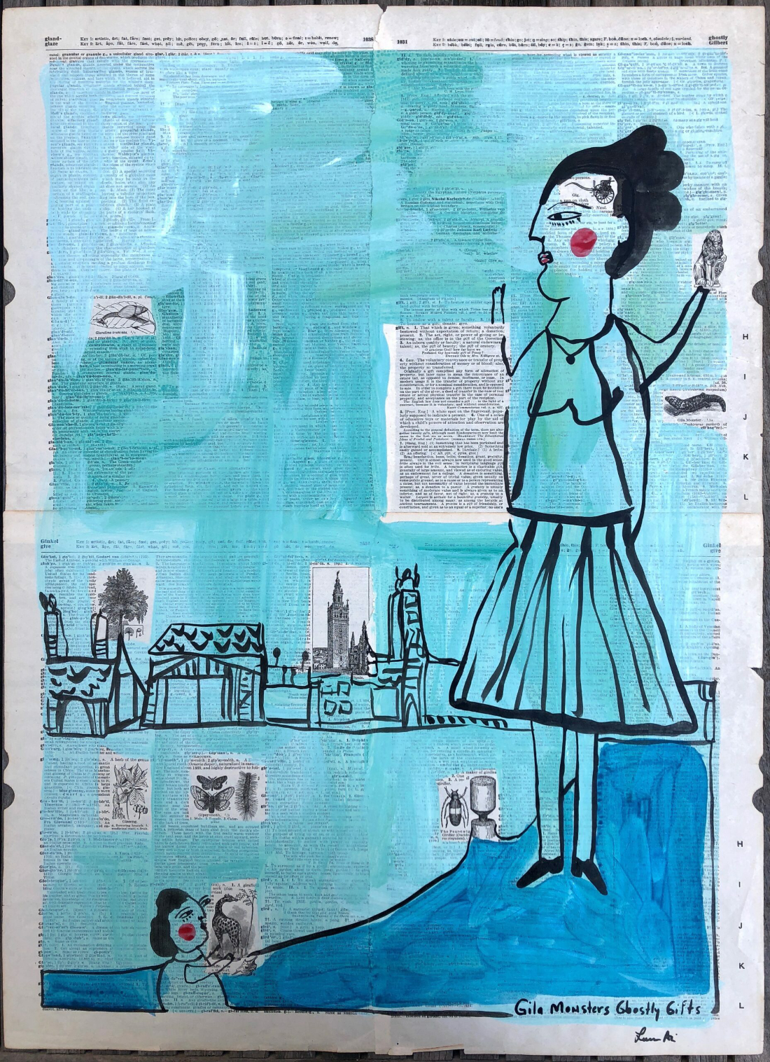 two hand-drawn figures of women with one standing on a mountain on a painted-over dictionary page