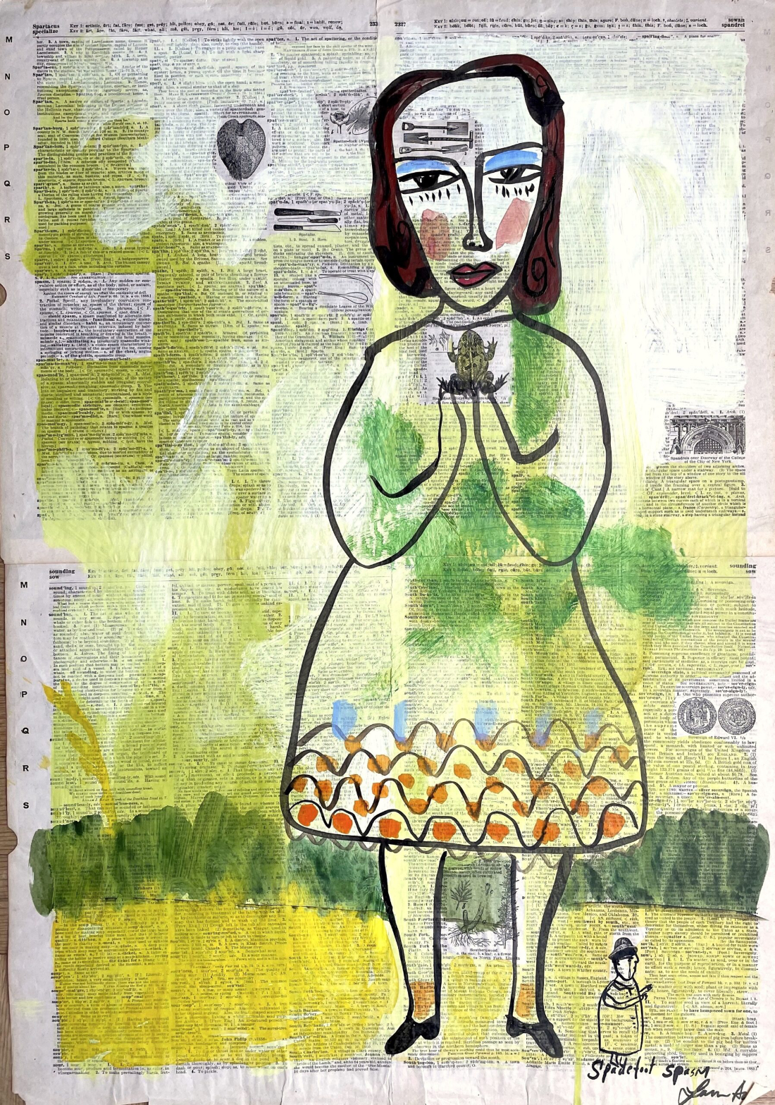 one hand-drawn figure of a woman holding a tiny frog and a tiny figure below her on a painted-over dictionary page
