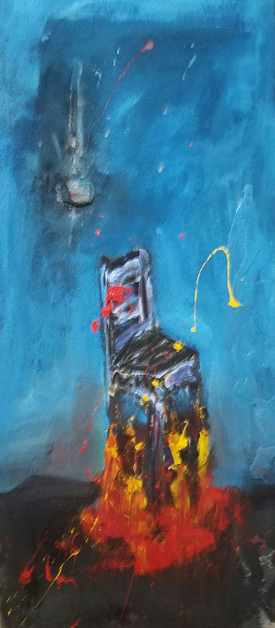expressionistic painting of a straight chair with flames underneath