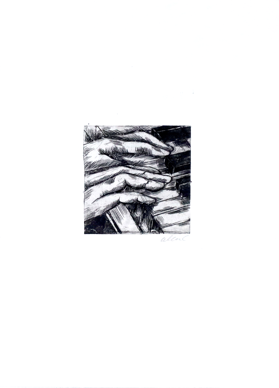 etching of a closeup of fingers on piano keys