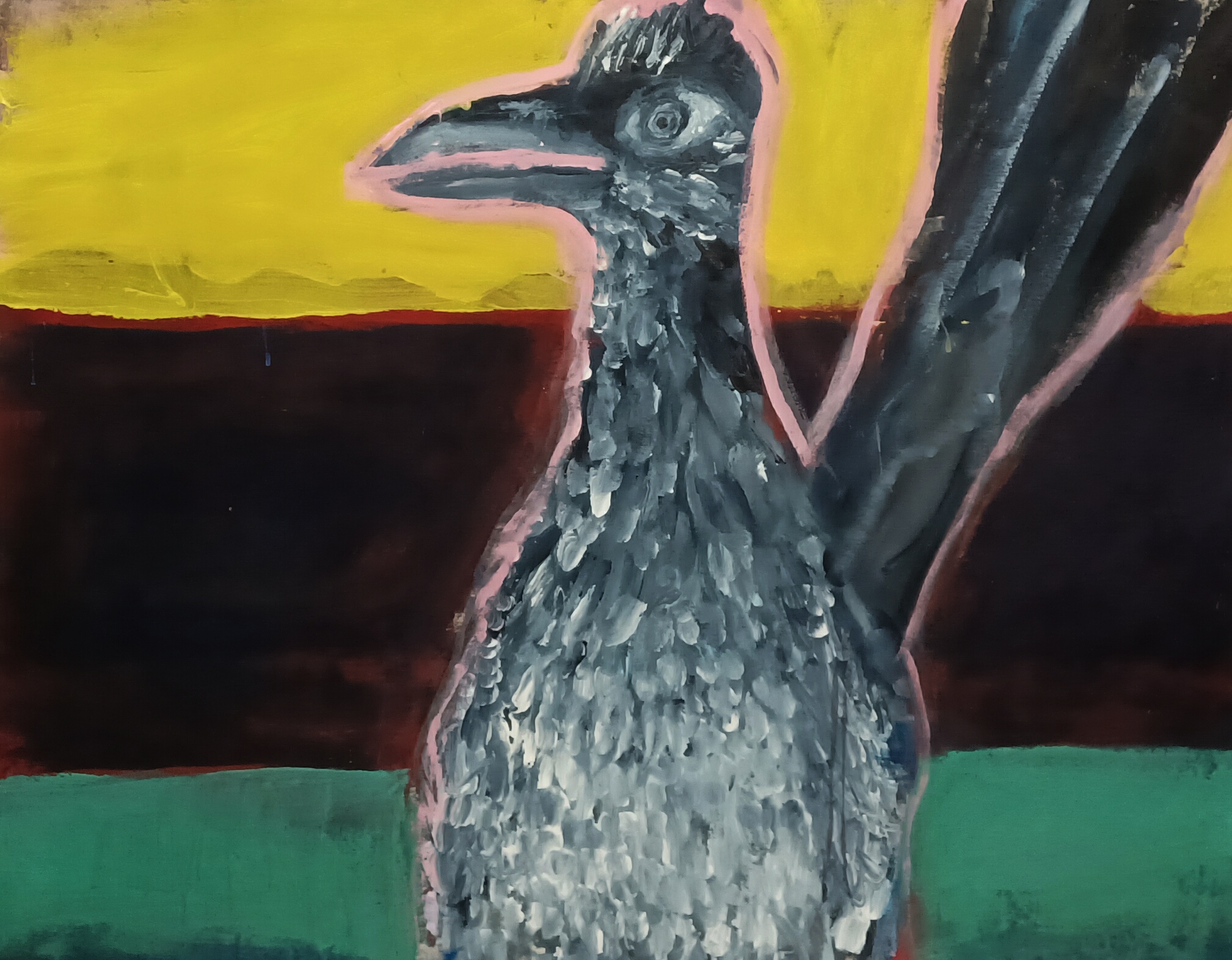 expressionistic painting of a roadrunner facing out with stripes in background