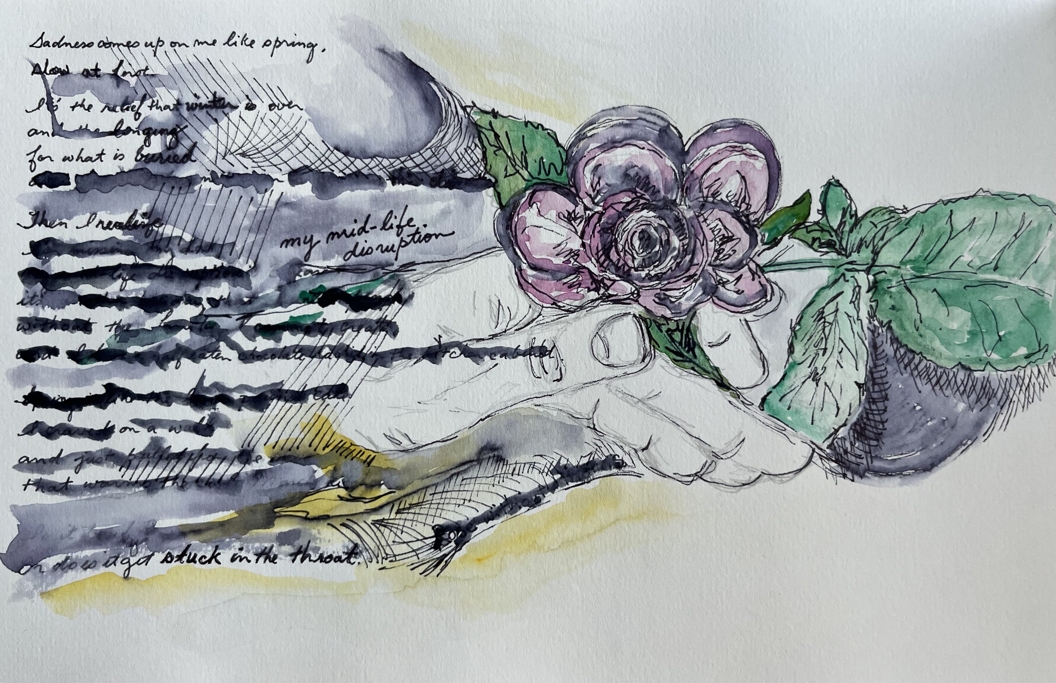 watercolor of horizontal hands holding flowering plant and handwritten text surrounding