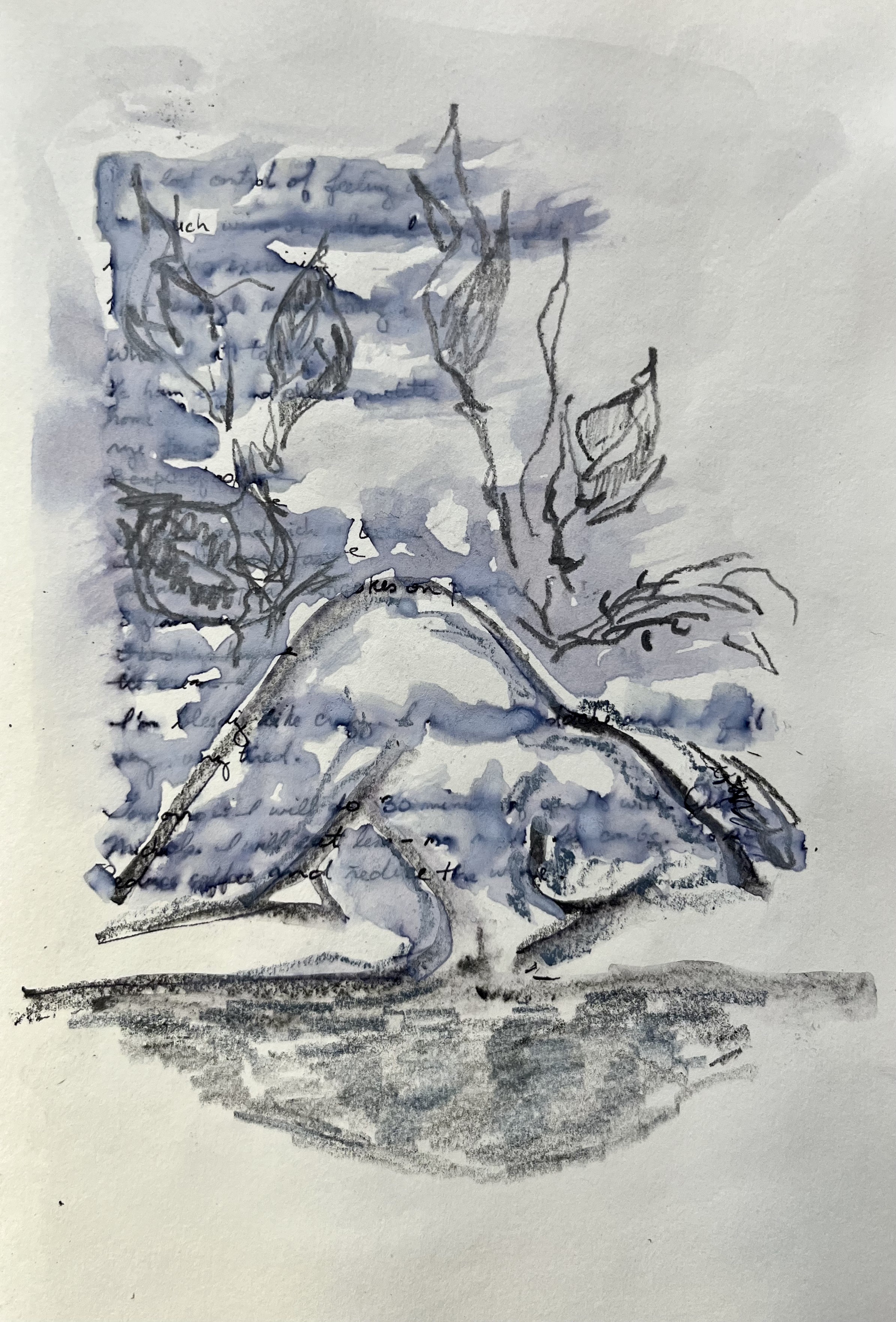 watercolor of birdlike creature with leaves and smeared handwritten text across the page