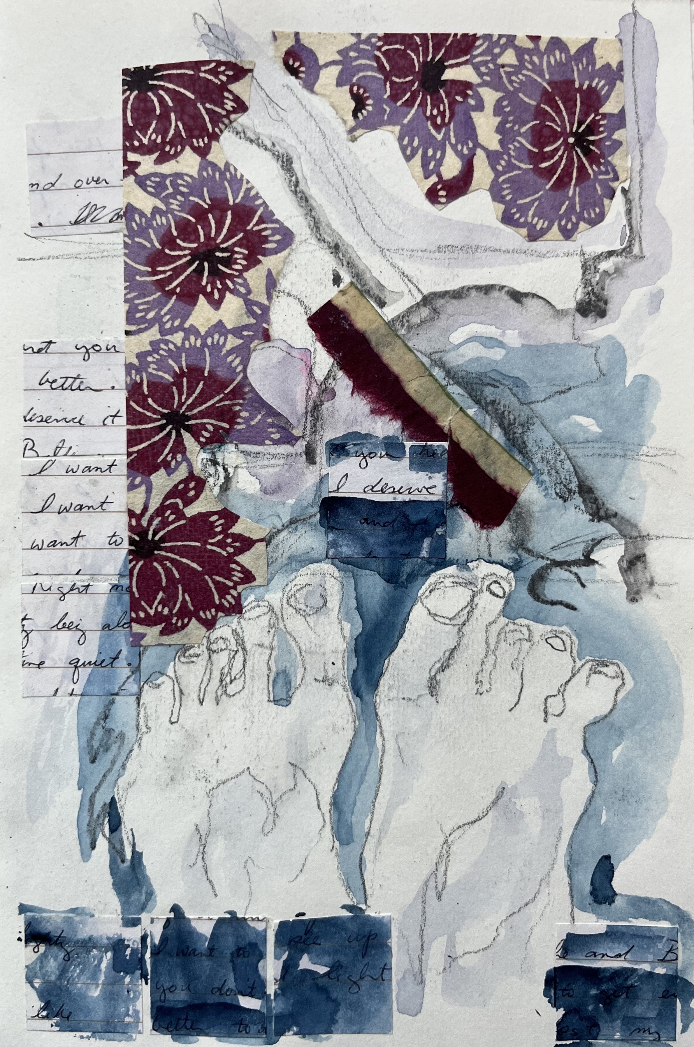 watercolor and pencil of looking down at two feet with collage scraps and handwritten text fragments