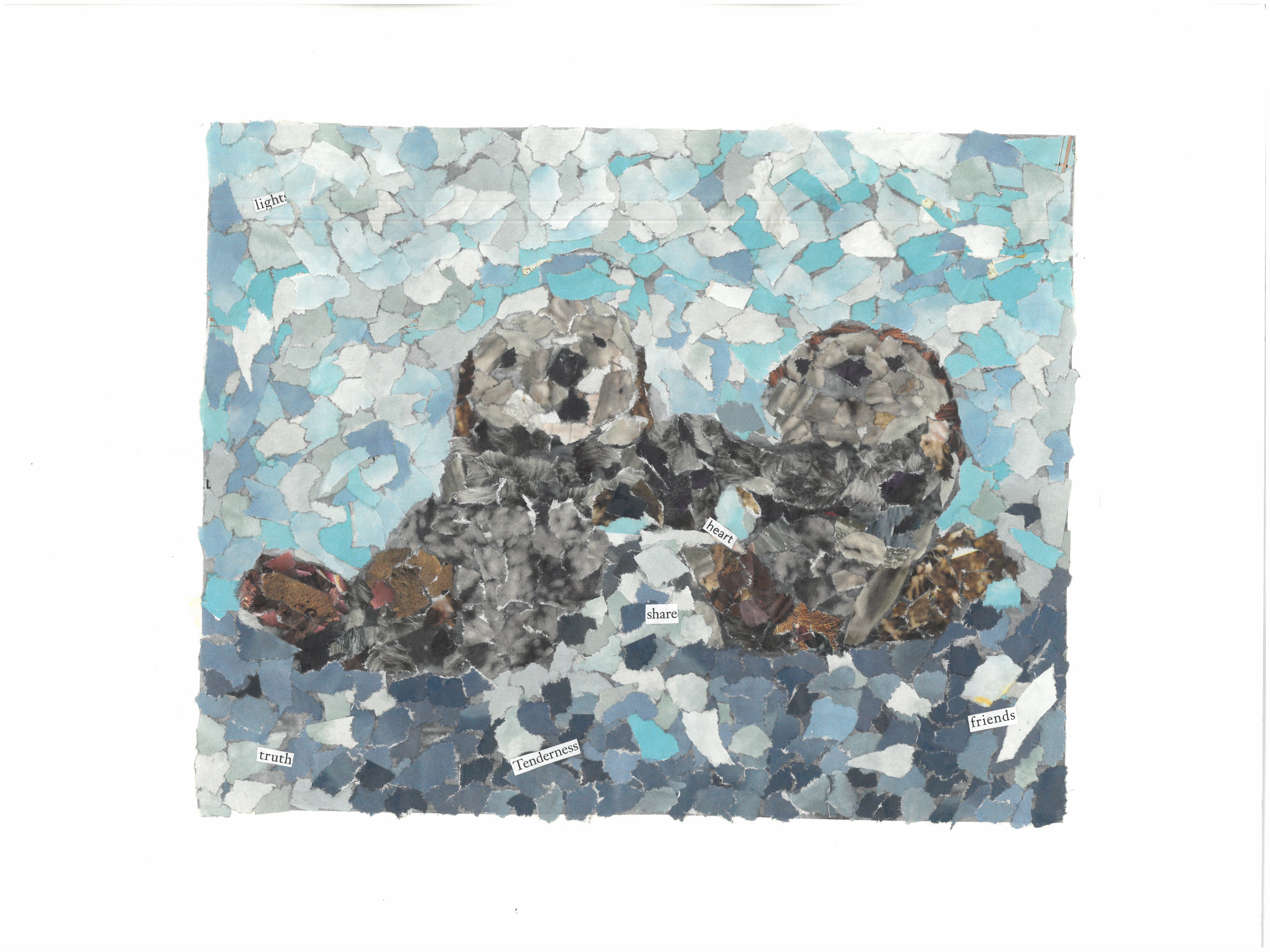 torn paper collage of two otters with their heads out of the water
