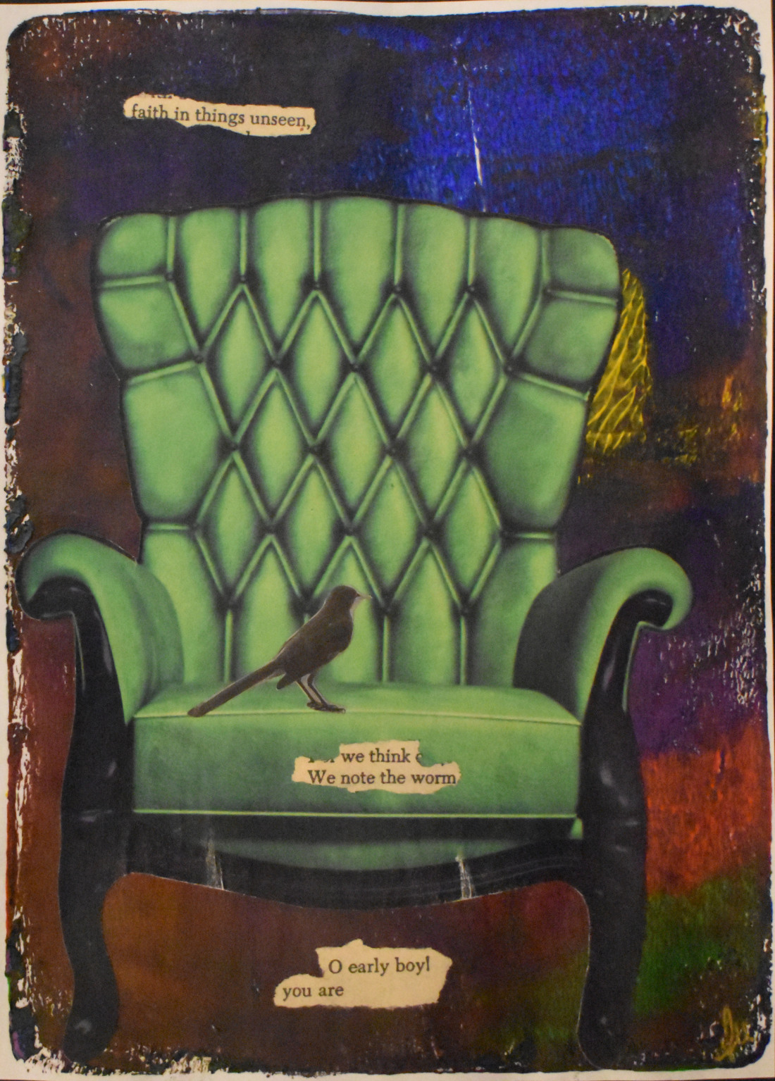 collage with easy chair and black bird on the seat with pasted words faith in things unseen, we think We note the worm, O early boy you are