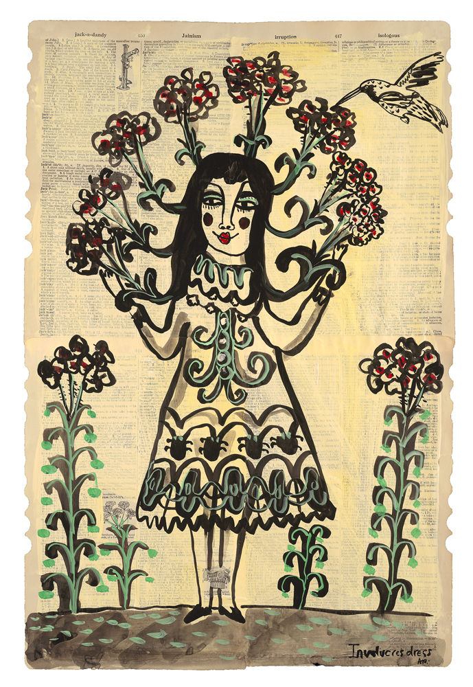 hand-drawn figure of standing woman with flowers all around her head and a hummingbird feeding with all painted over a dictionary page