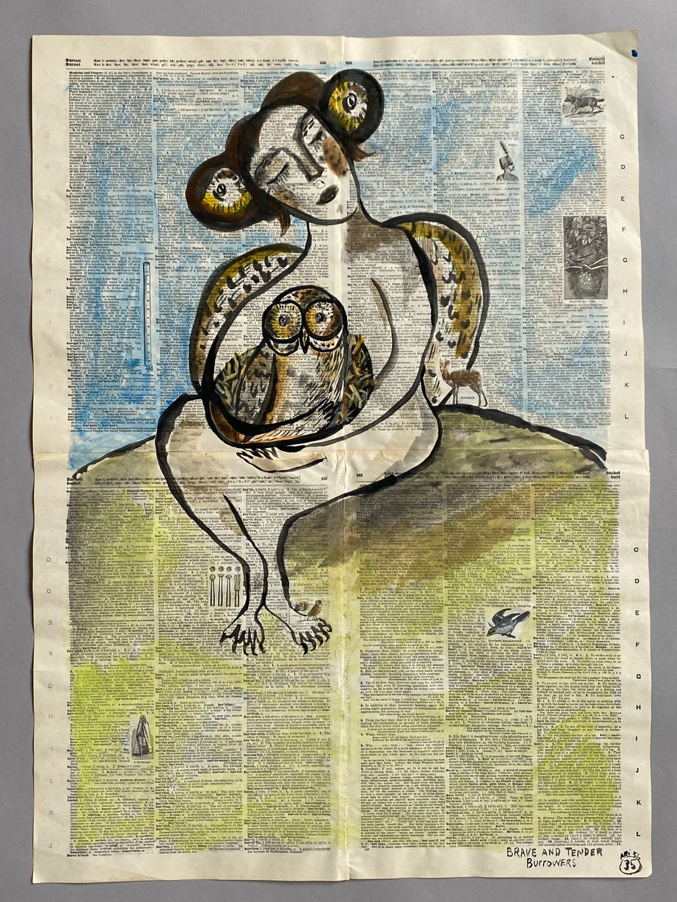 hand-drawn owl-like woman holding an owl all painted over a dictionary page