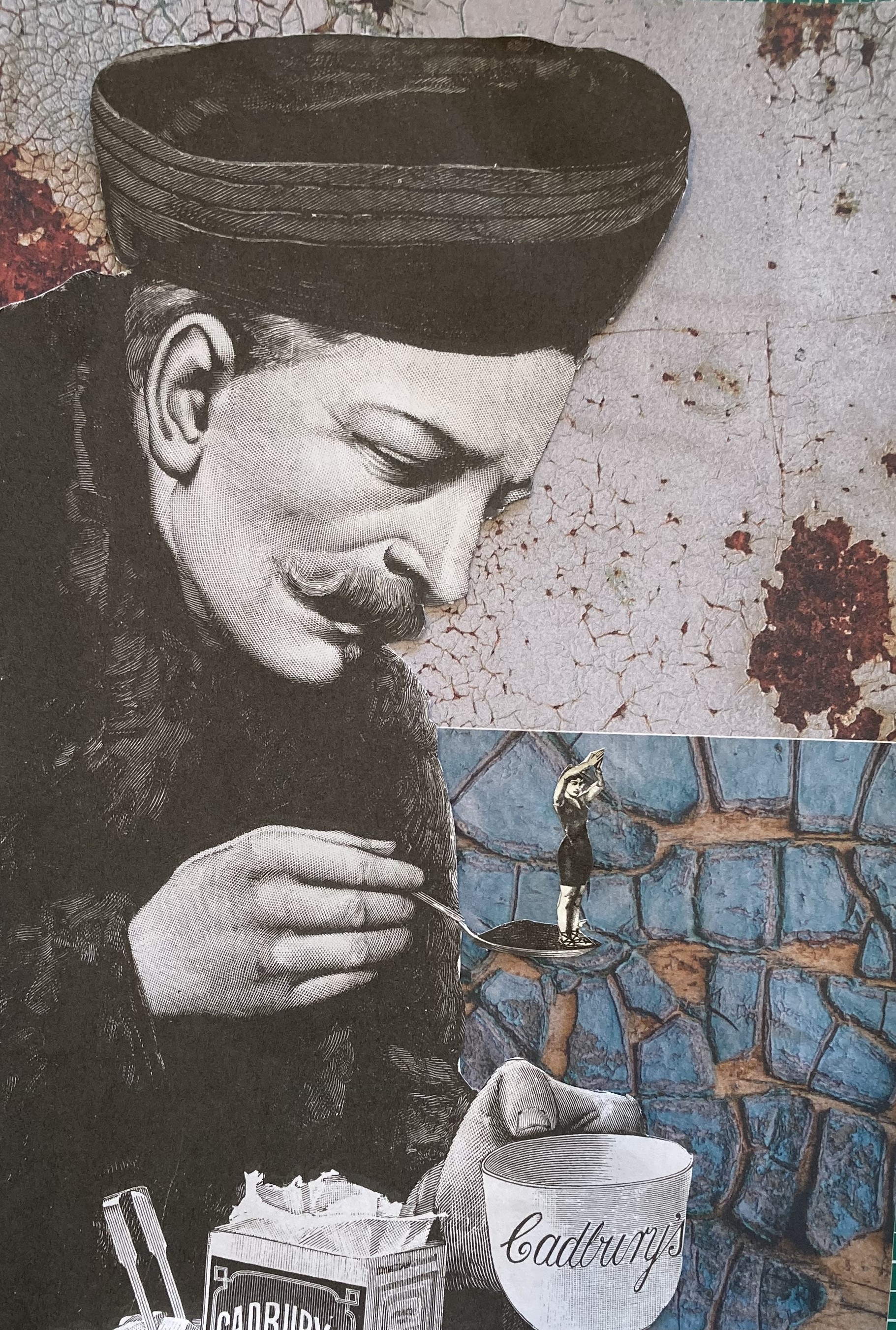collage of a hatted man holding a spoon over a cup with a tiny person in
an old-fashioned bathing costume ready to dive off of the spoon