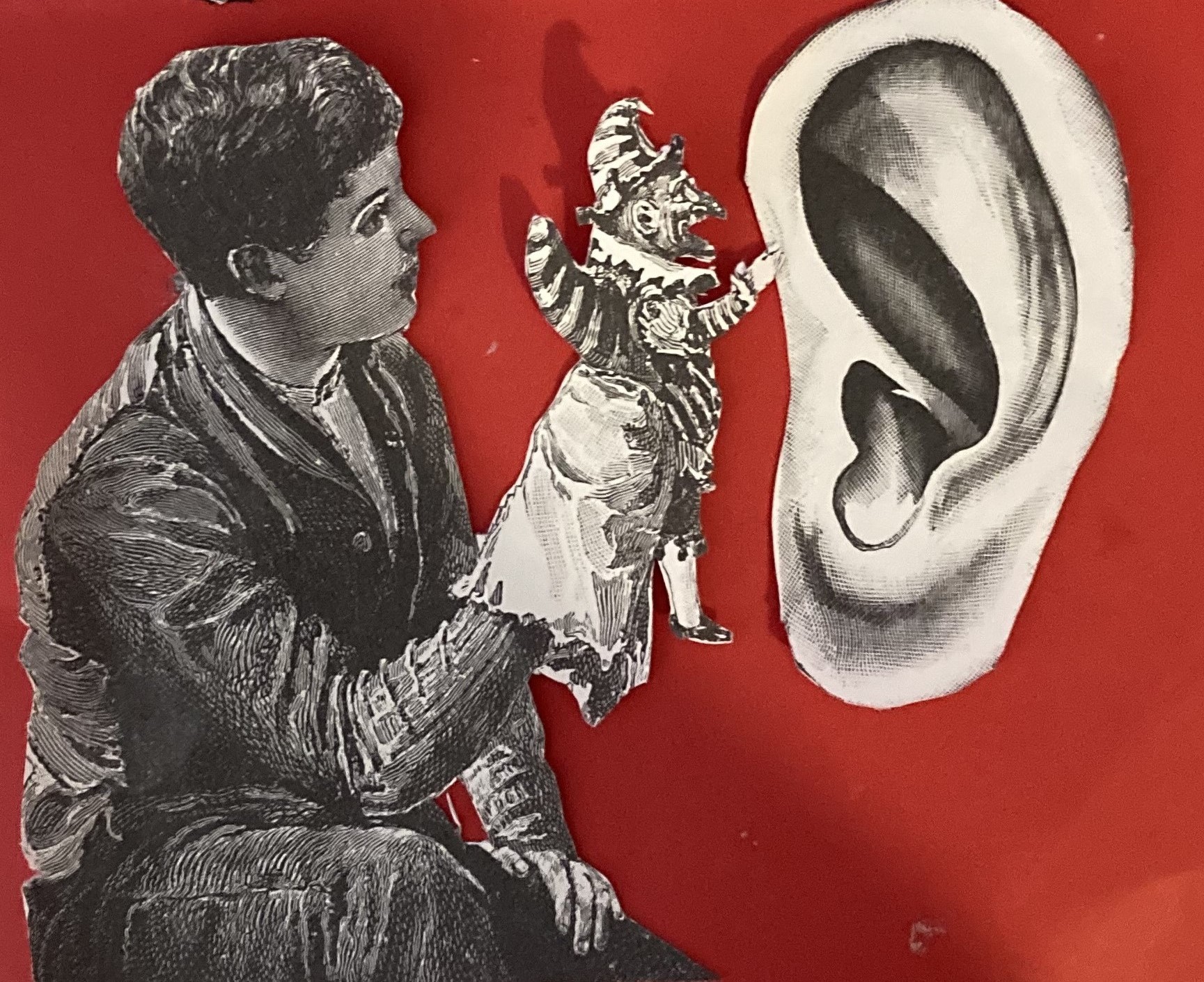 collage of person with a hand puppet held up to a giant ear