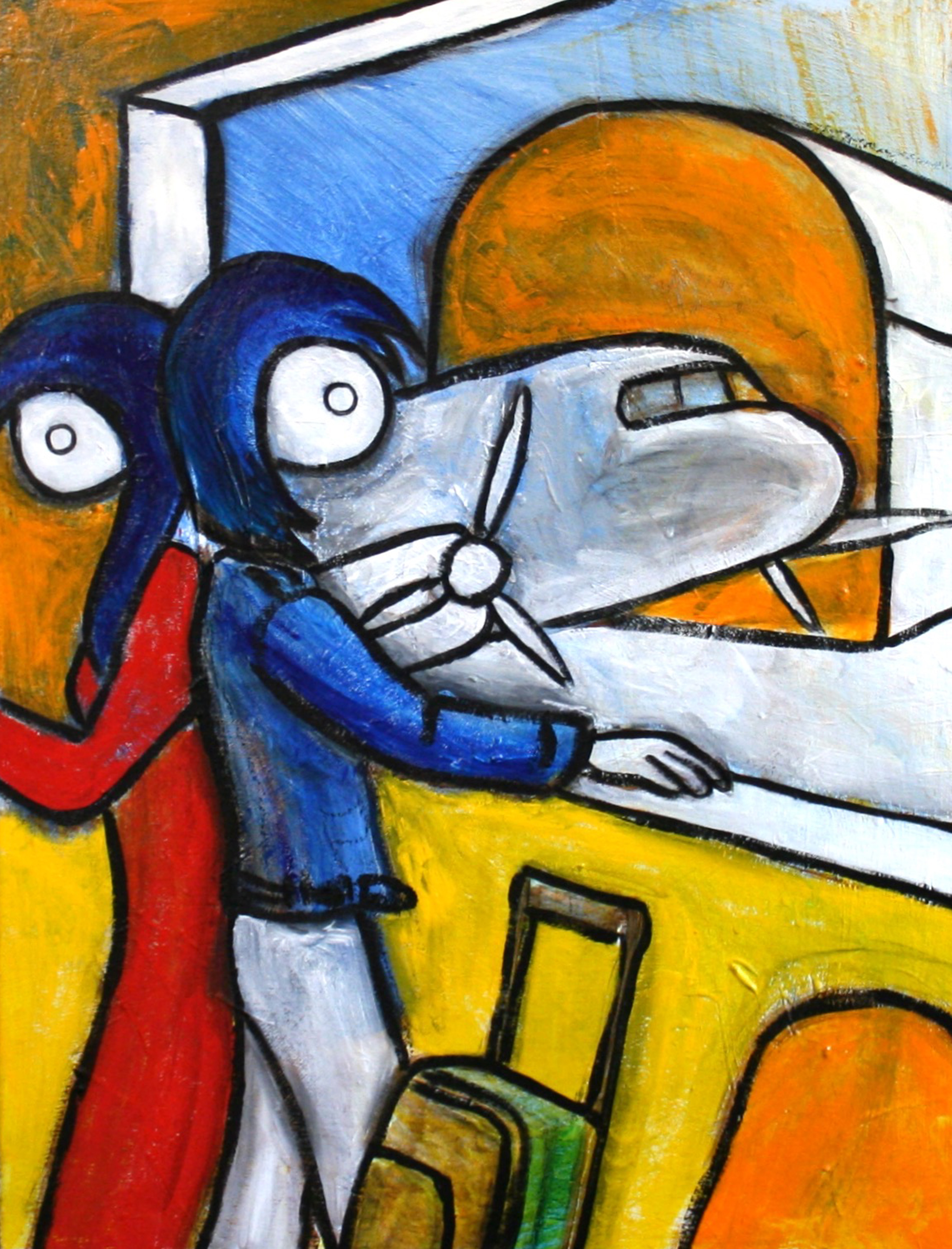 comic-style painting of two people standing back to back with one looking out
the window at a prop plane