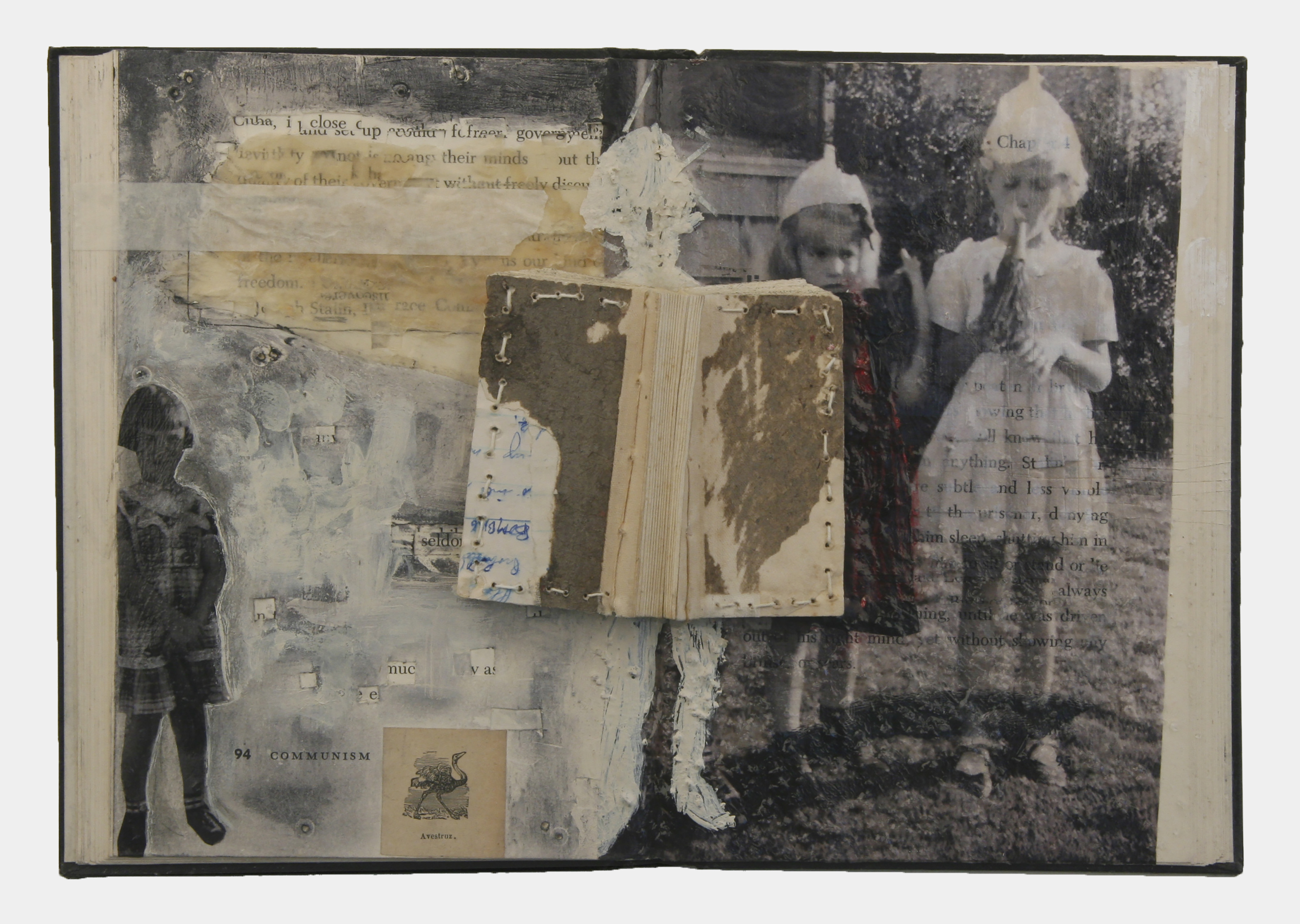 open book collage with old style photo of four little girls and
        			a small book stitched face down over the outline of one of the girls in the
        			center