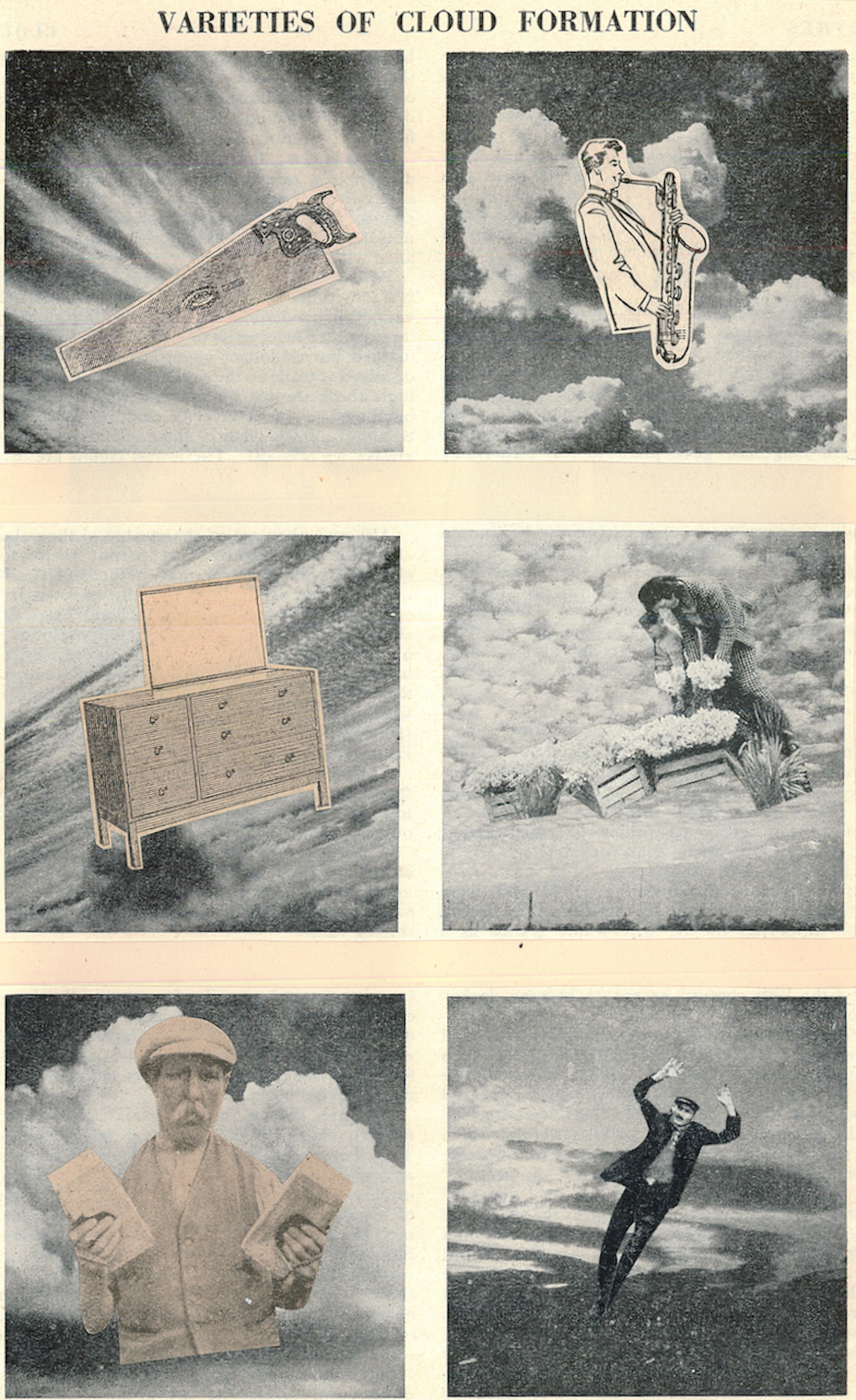 collage with title of Varieties of Cloud Formation and images
in six panels and each with a different cloud plus object