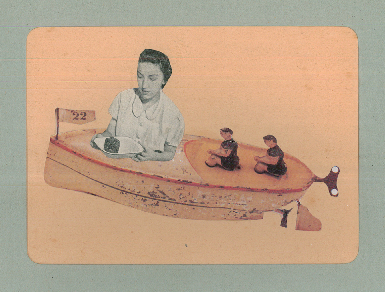 collage of wind-up rowboat with two small rowers in back and 
        			top half of a woman holding a dish of some food and a little flag at
        			the front of the boat with the number 22 on it