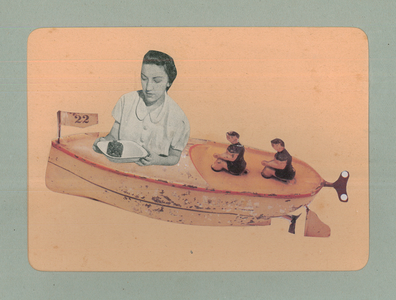 collage of wind-up rowboat with two small rowers in back and
top half of a woman holding a dish of some food and a little flag at
the front of the boat with the number 22 on it