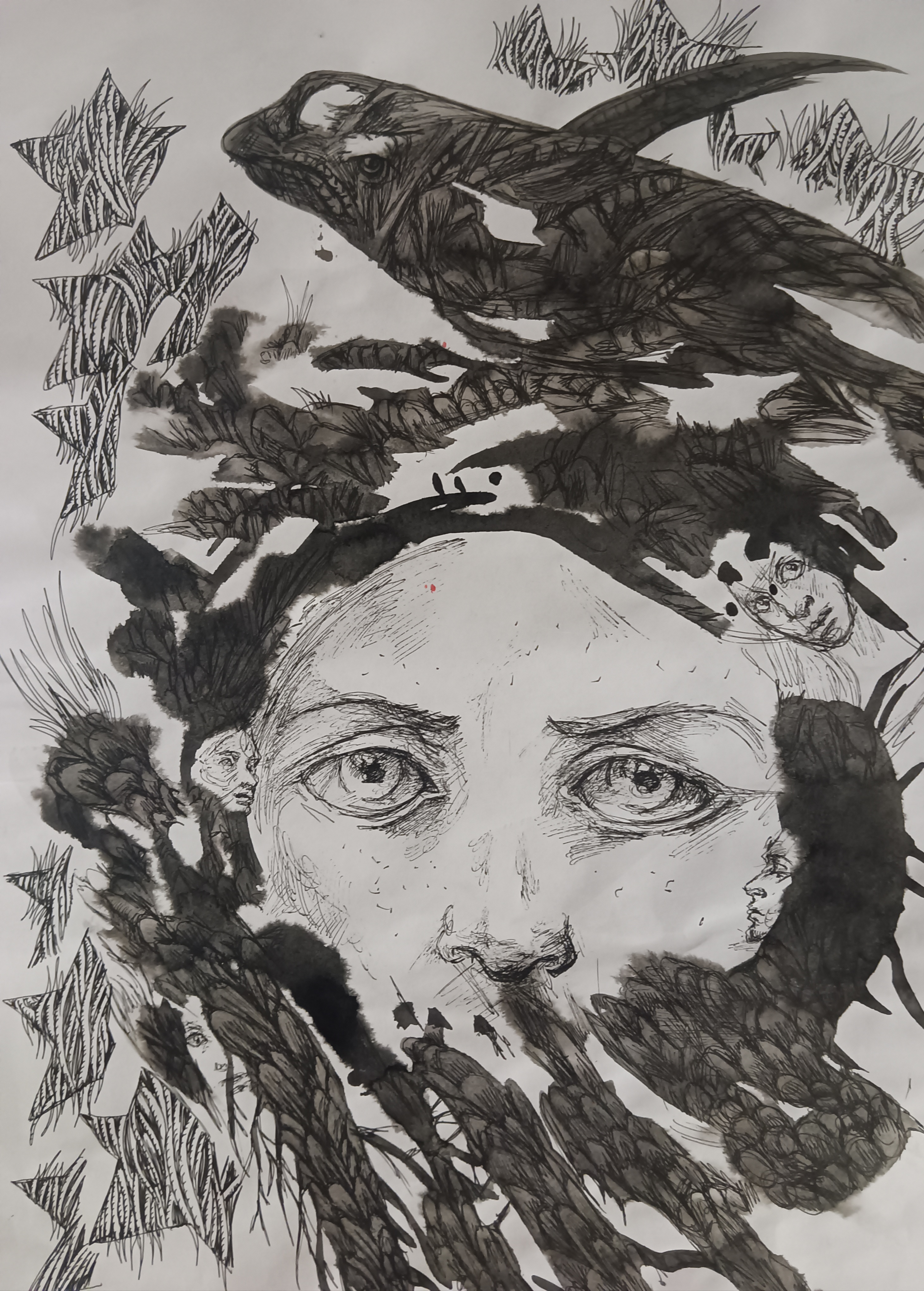 ink drawing of eyes and nose of a face with smaller faces and
wheat peaking out from star-shaped gaps
