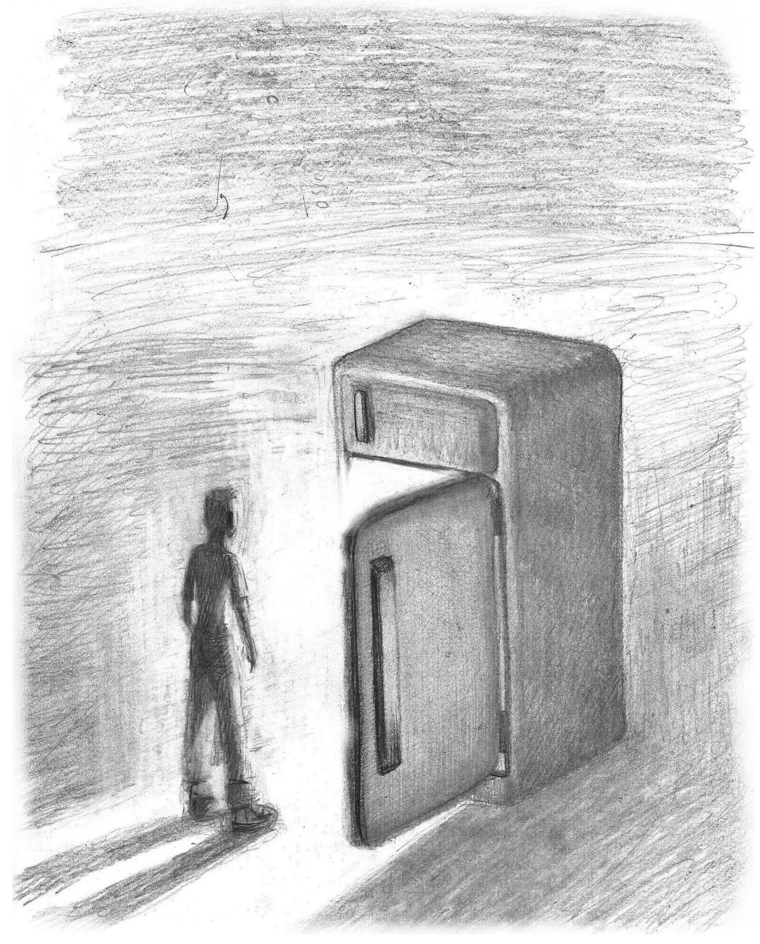drawing of person in front of open refrigerator with light streaming out