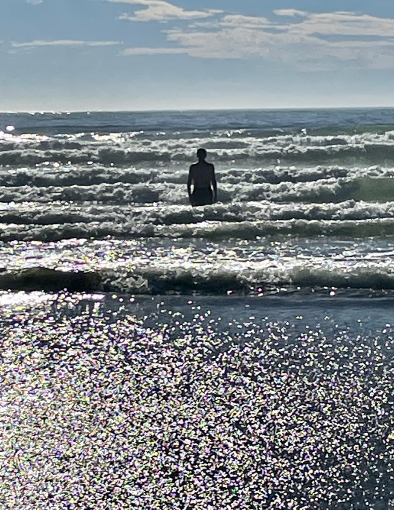 beach scene showing the back of a man wading into the ocean