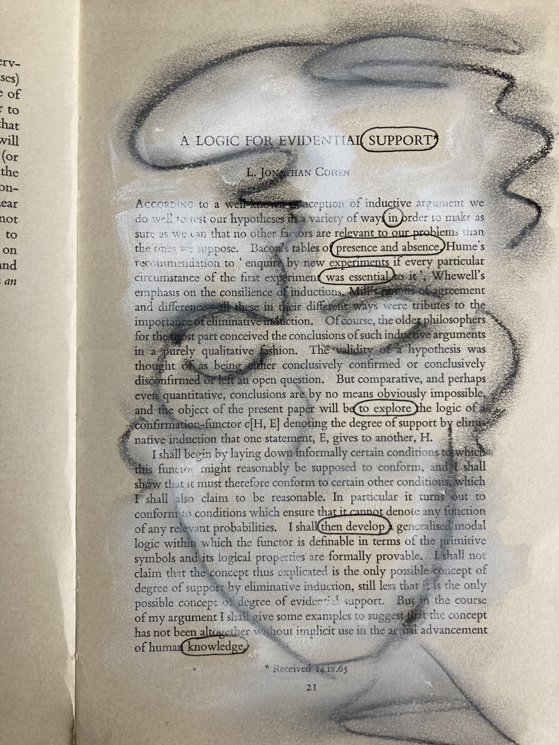charcoal and white chalk over book page leaving the words: support in presence and absence was essential to explore then develop knowledge