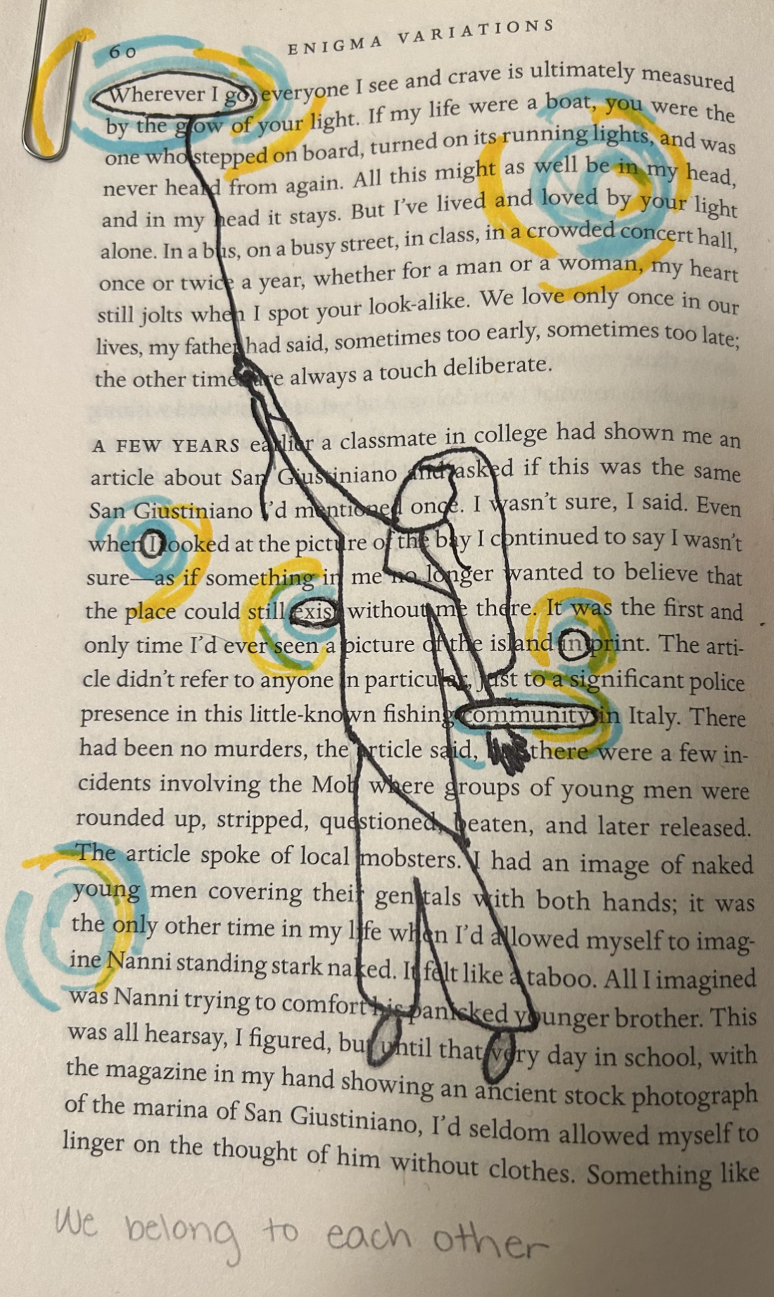 line drawing on a book page of woman holding a balloon with the words circled: wherever I go I exist in community
and the words in pencil underneath: we belong to each other