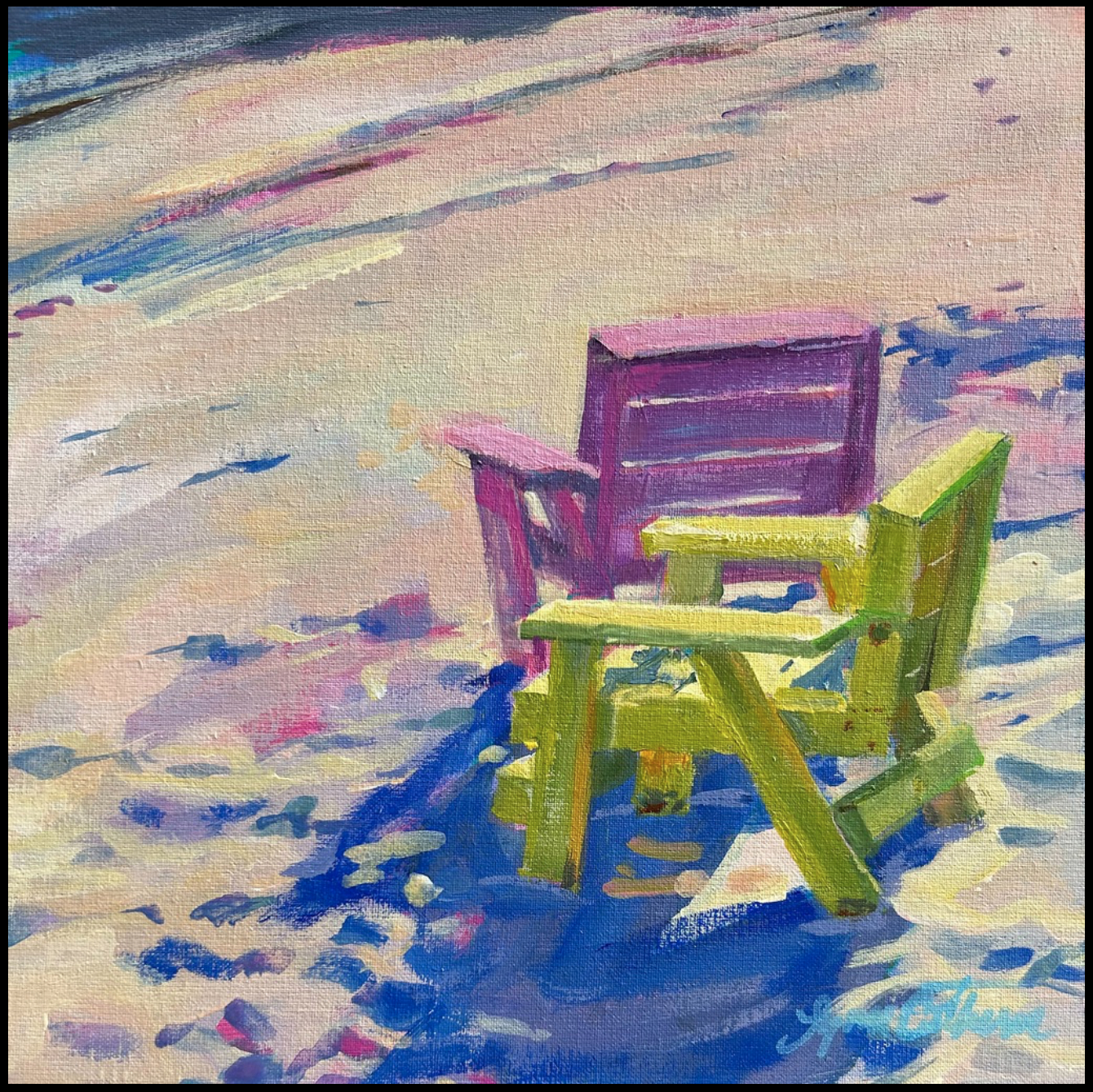 painting of an two lawn chairs outdoors
