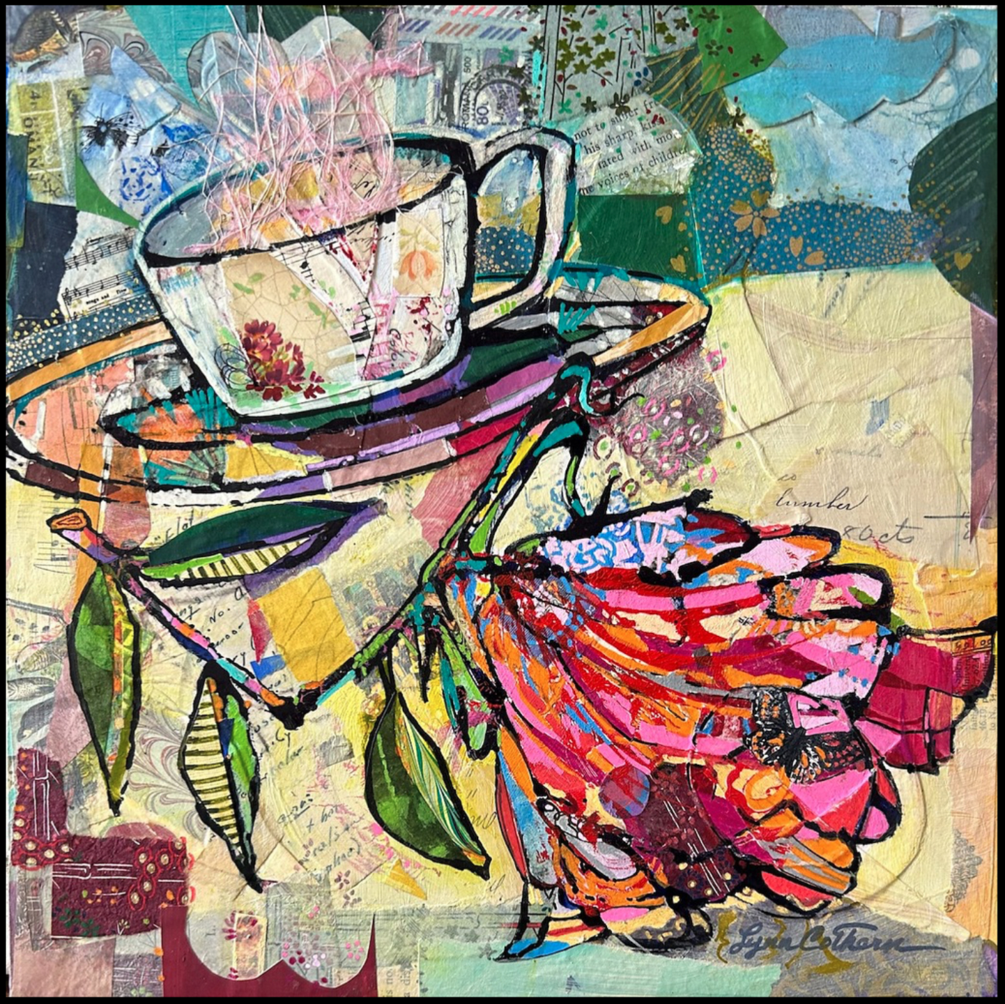 bright collage with teacup and flower and butterfly 