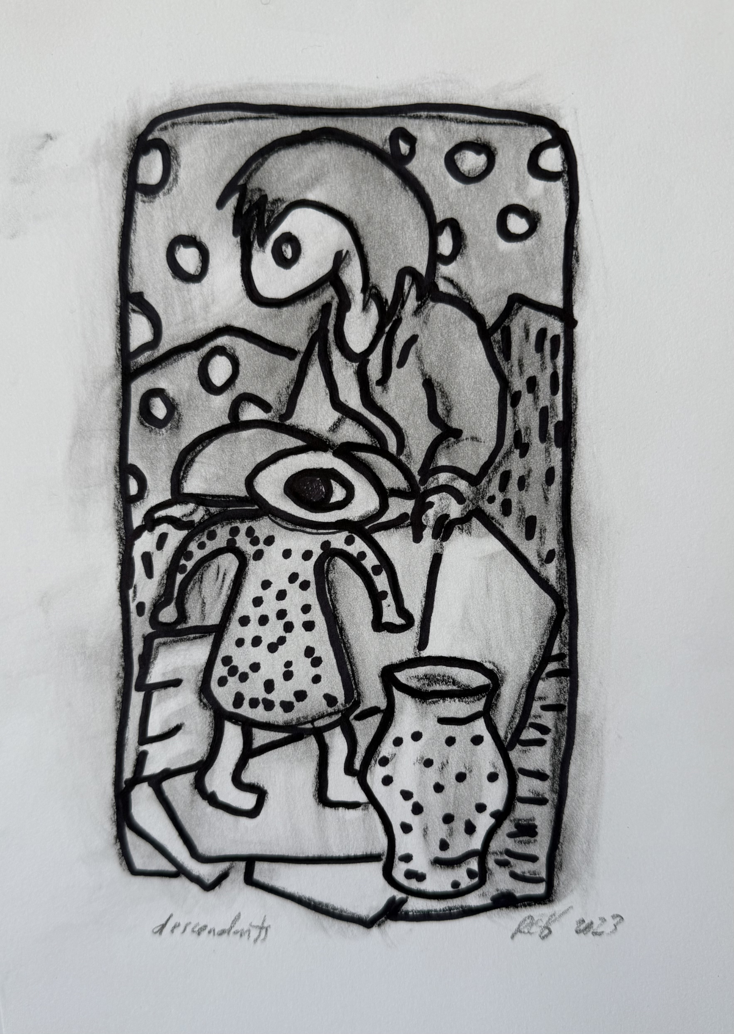 comic-style drawing of motherlike figure and childlike figure and a vase