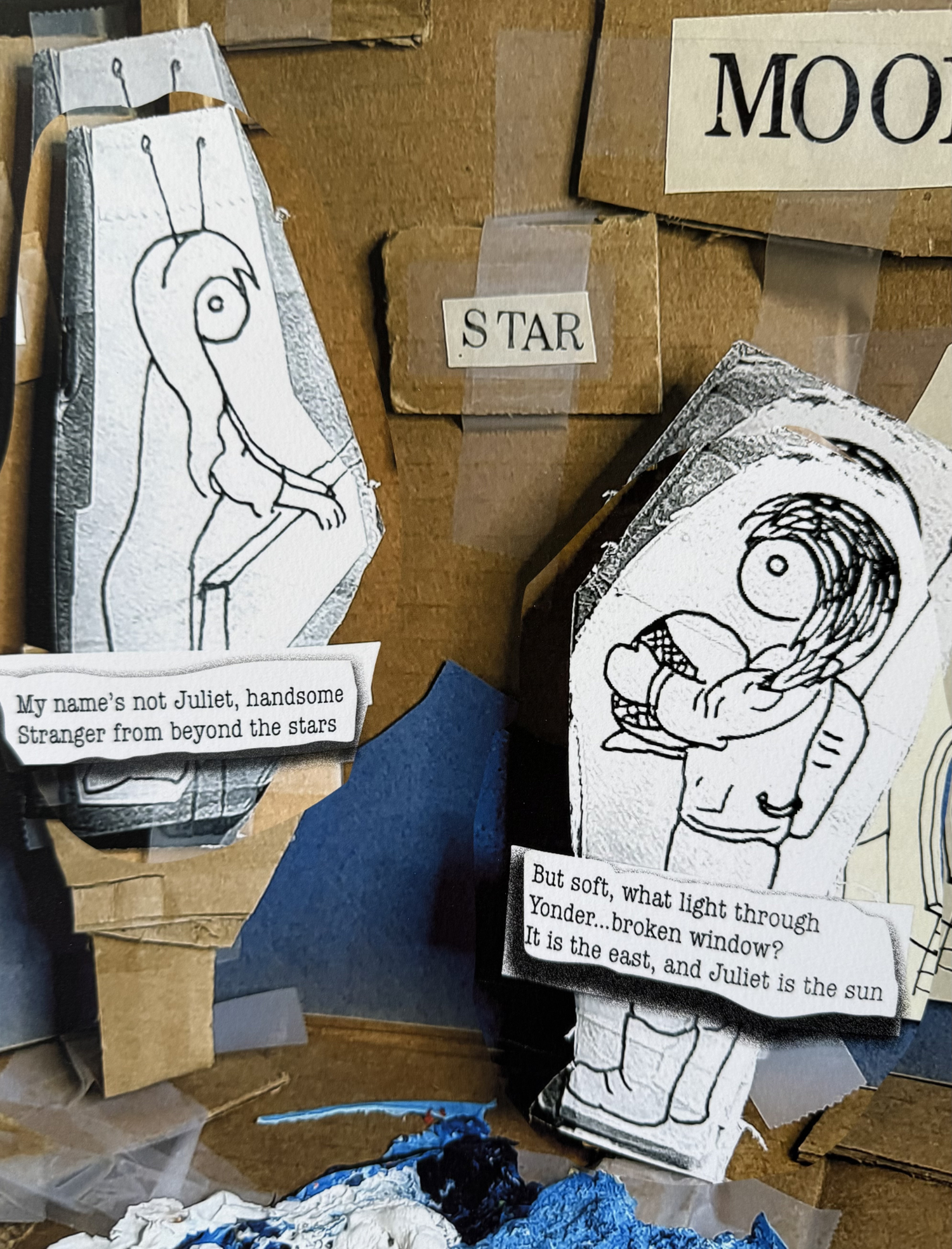 comic-style drawings of two characters in a Romeo and Juliet situation