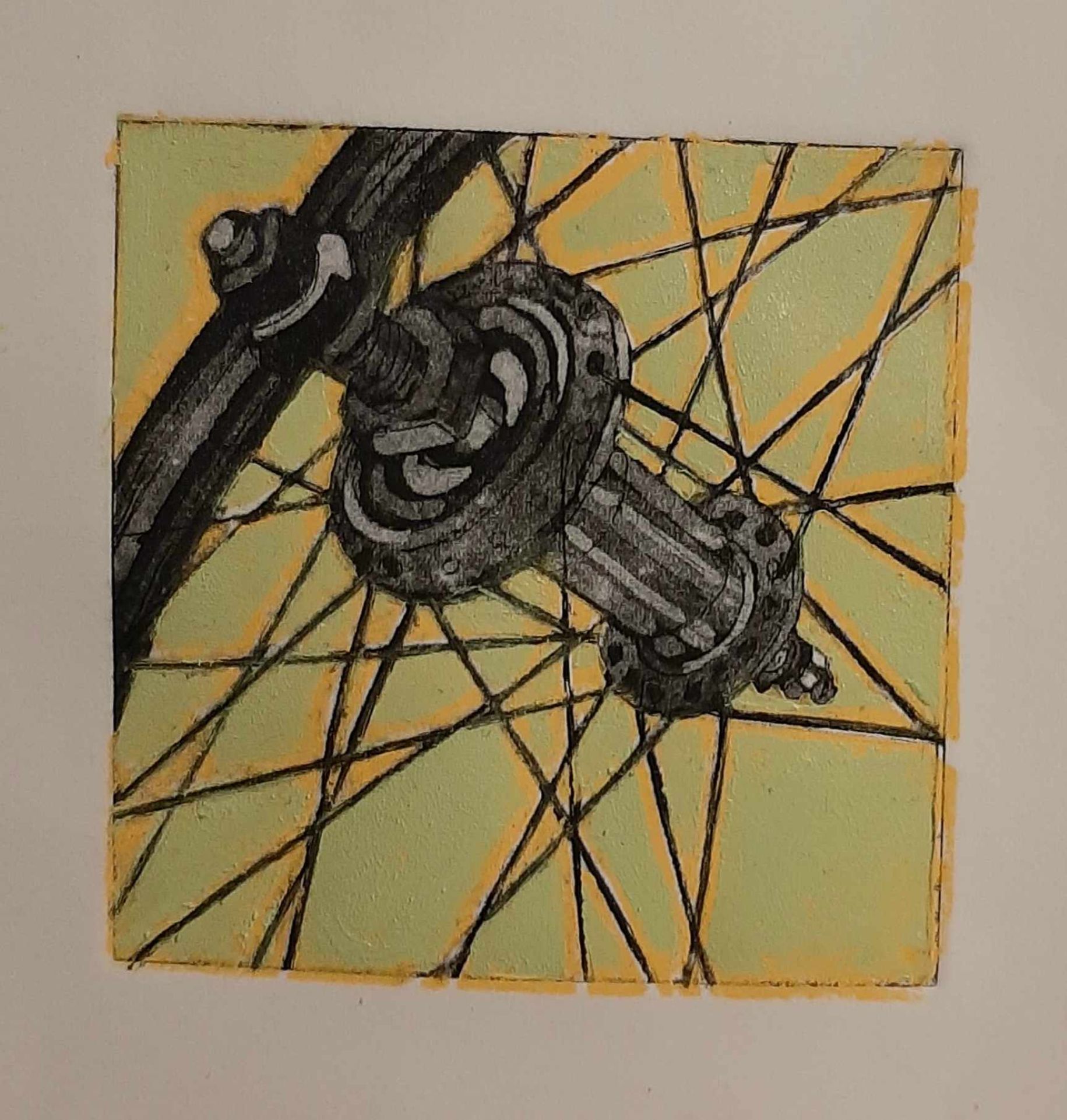 print of a closeup of a bicycle wheel spokes and center gear