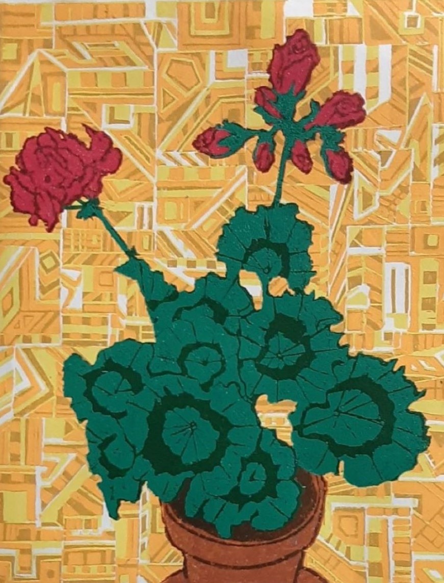 print of a potted geranium with intricate geometric background pattern