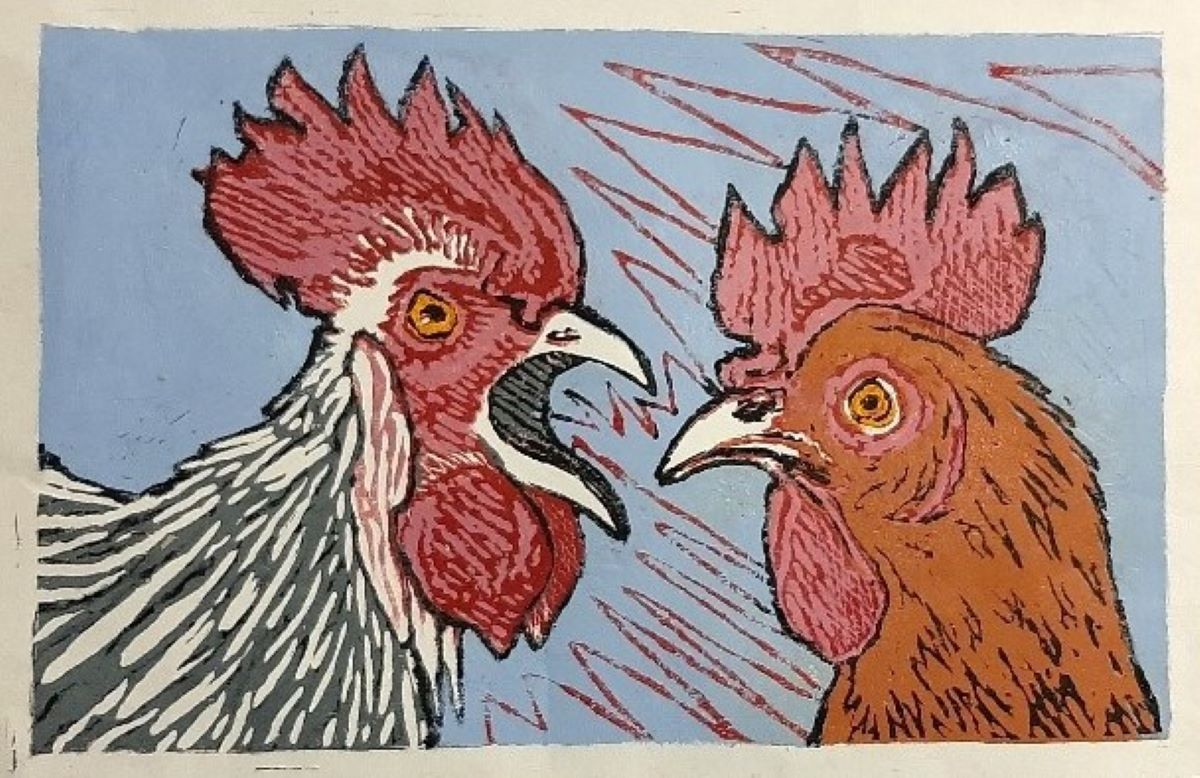 print of the heads of two roosters with one squawking in the other's ear