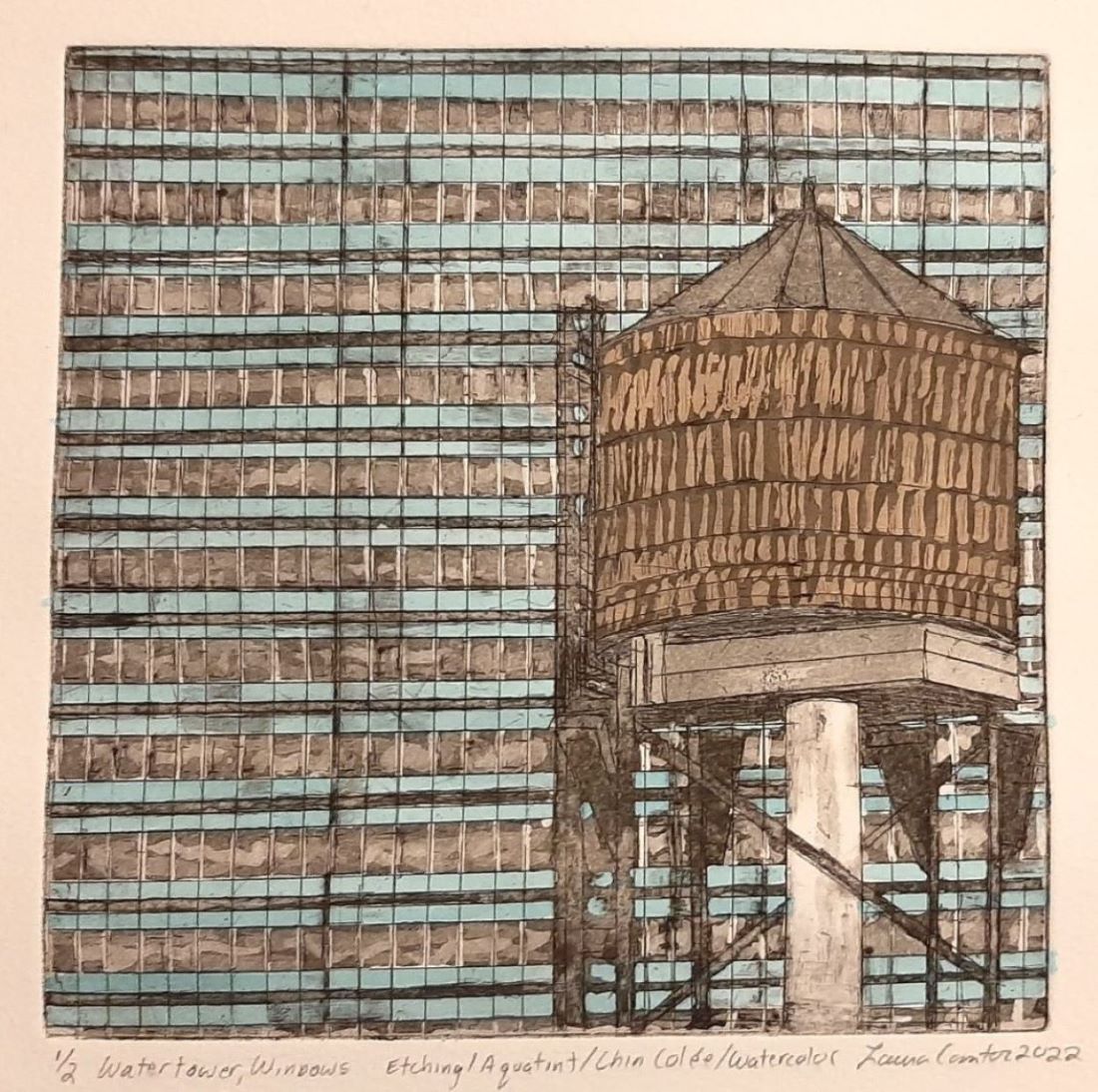 print of a water tower with a pattern of windows in the background