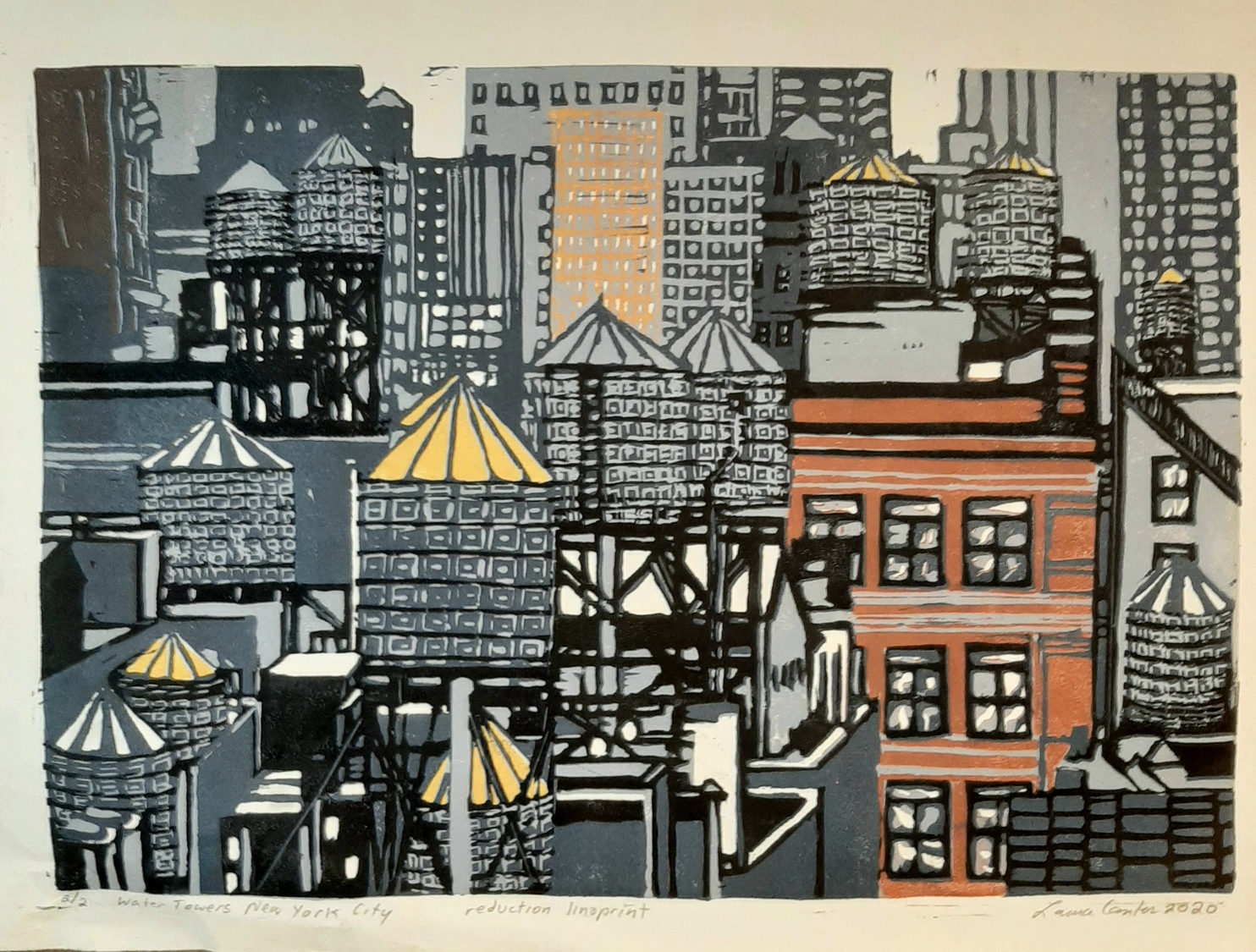 print of a water towers amid crowded cityscape