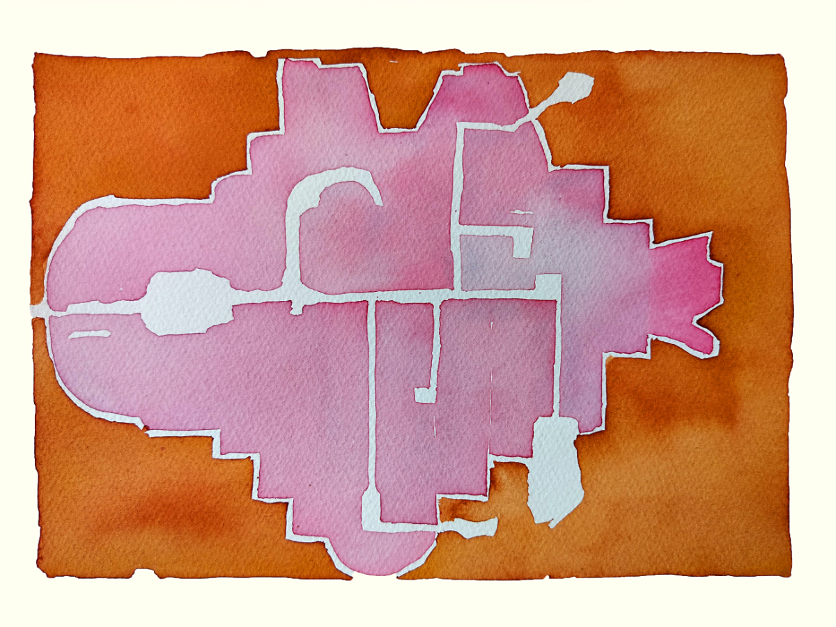 horizontal abstract shape like fish or submarine with diagrammic style lines inside