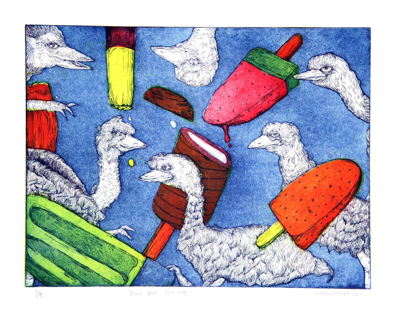 whimsical print of emus and popsicles