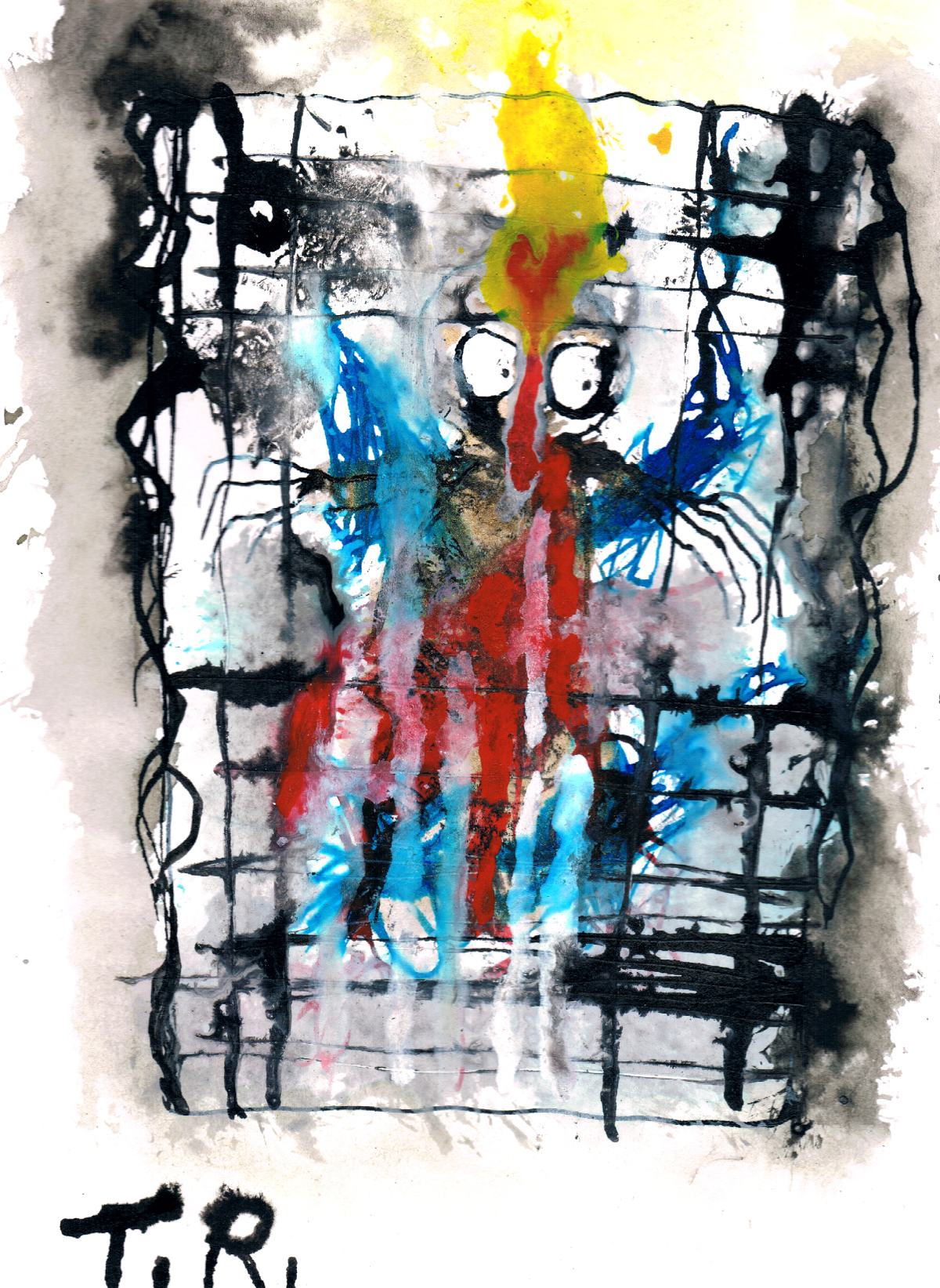 lively ink drawing of a cage and two eyes peering out and spidery arms