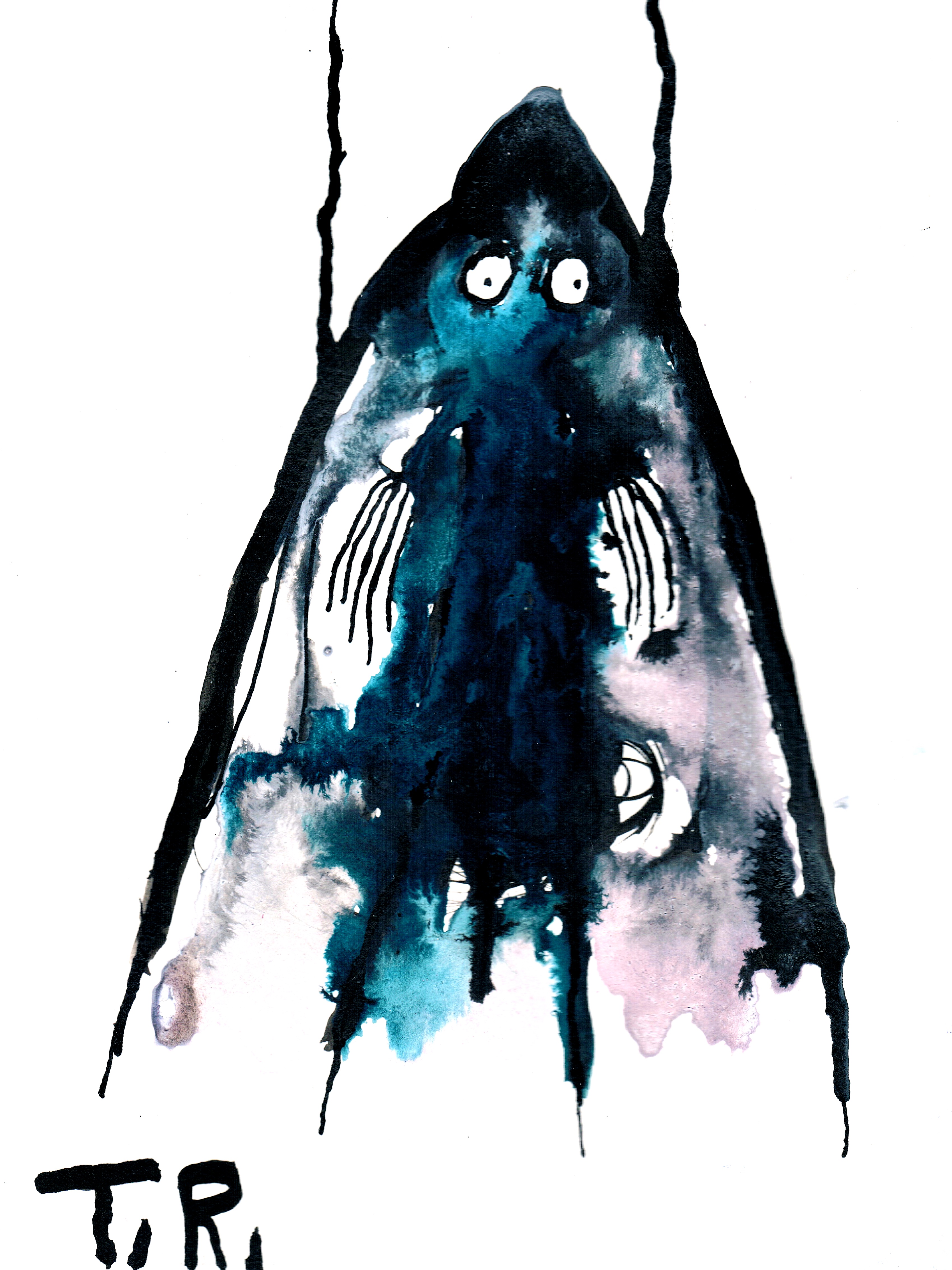 lively ink drawing of a triangle pointing upwards with wings and two eyes peering out and spidery arms