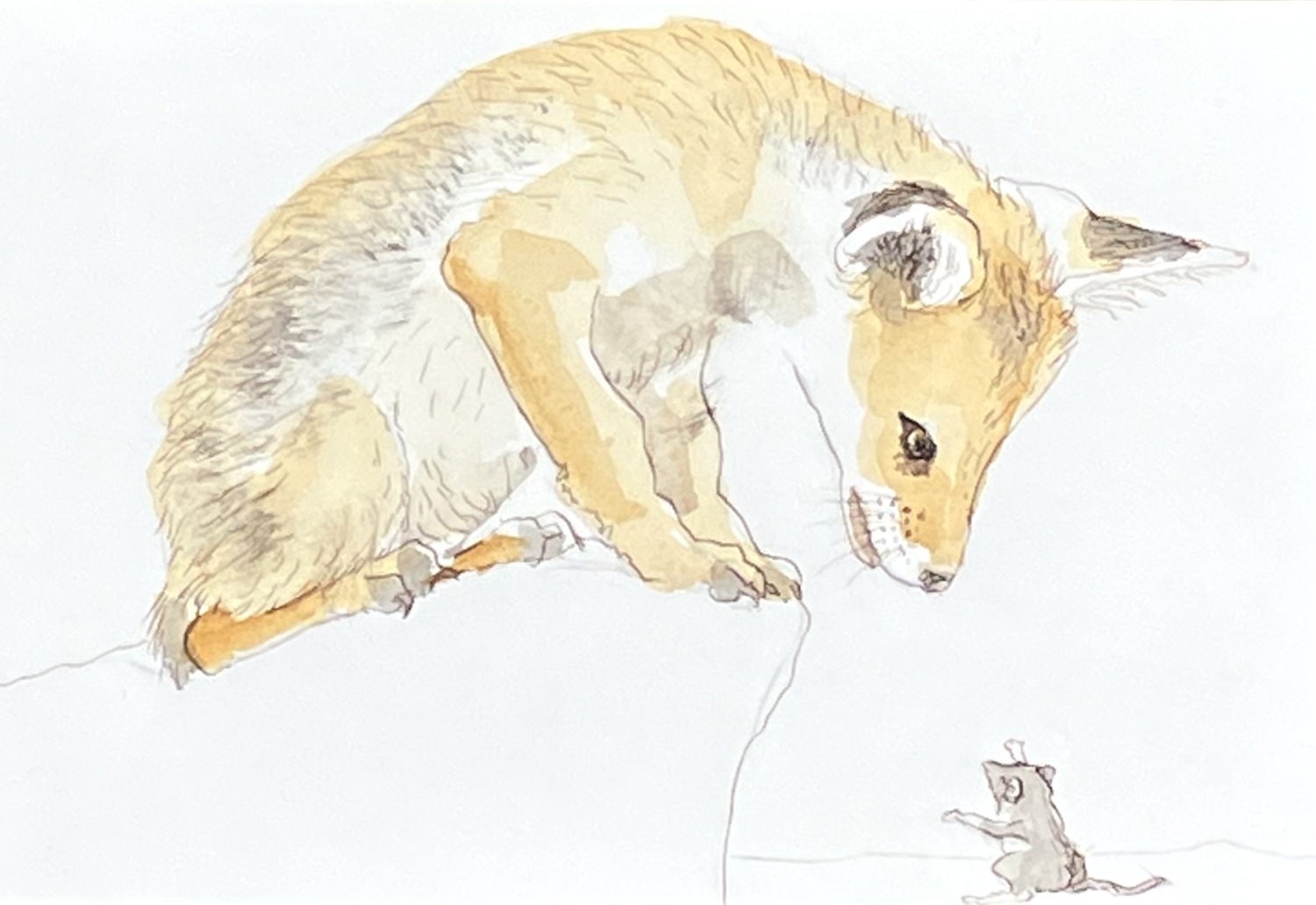 painting of a fox looking down at a mouse