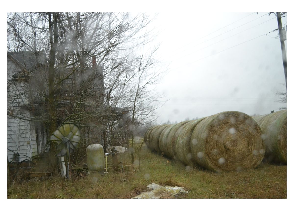 photo of rows of hay bales next to a leafless tree and house when looking out a rain-streaked window