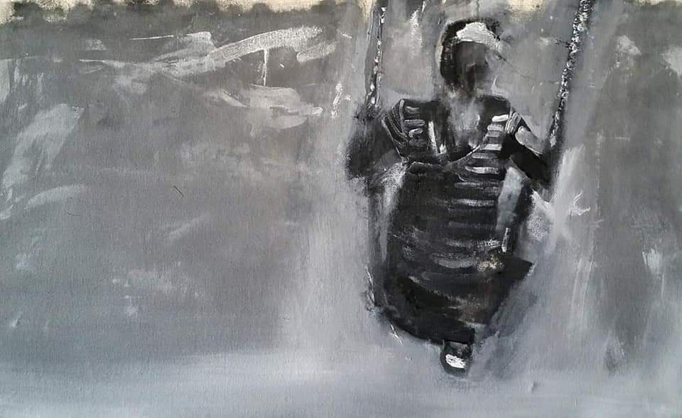 abstract painting of a person on a swing with a striped shirt