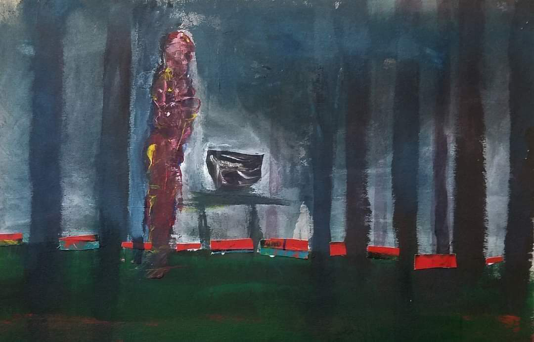 painting of man standing facing a bowl on a low table in a bare forest