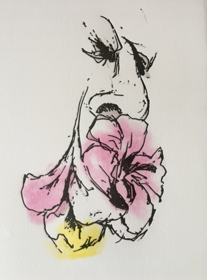drawing of eyes and nose with large flowers covering the mouth