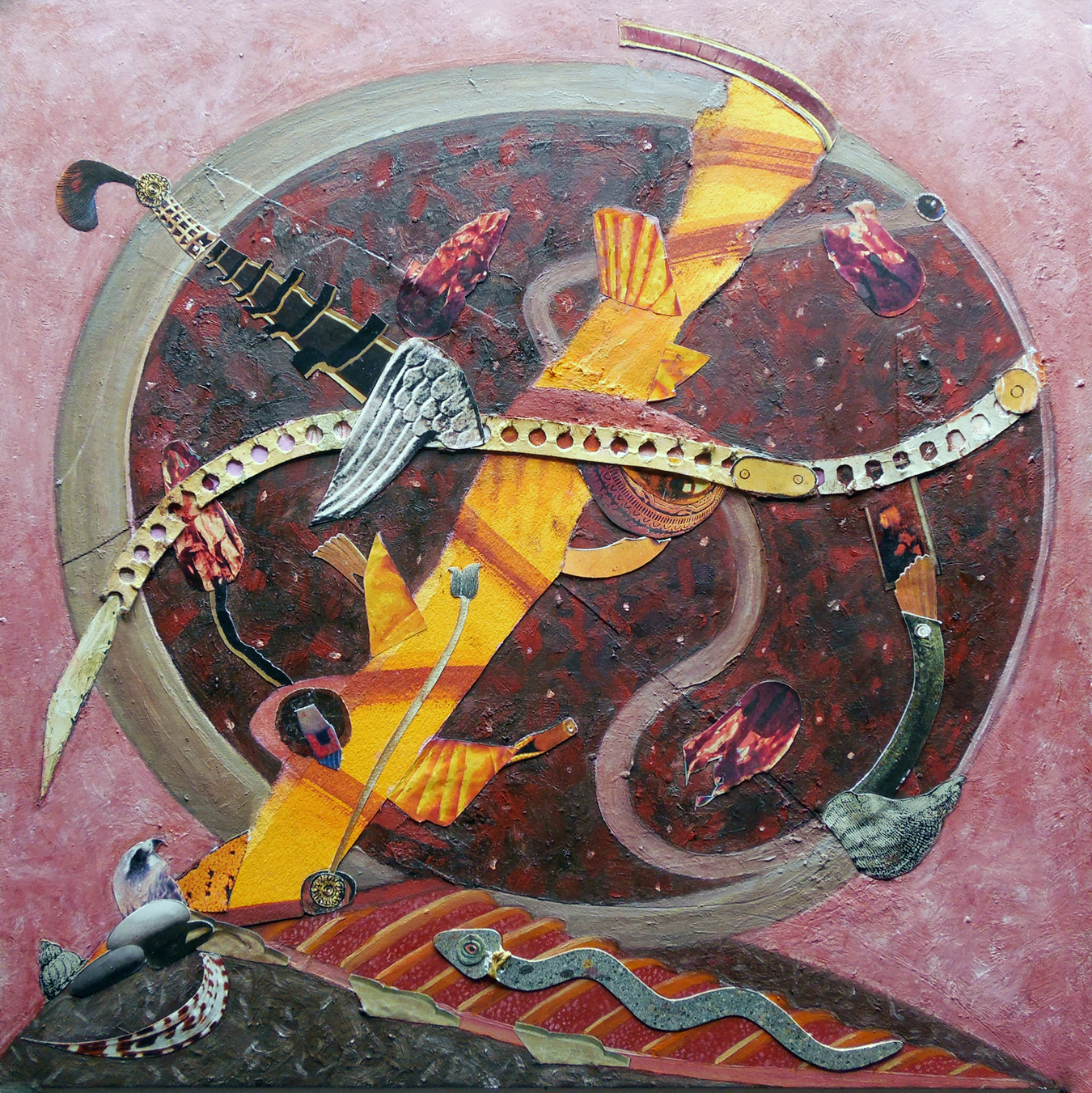 collage with a snake and a bird and a swirling world